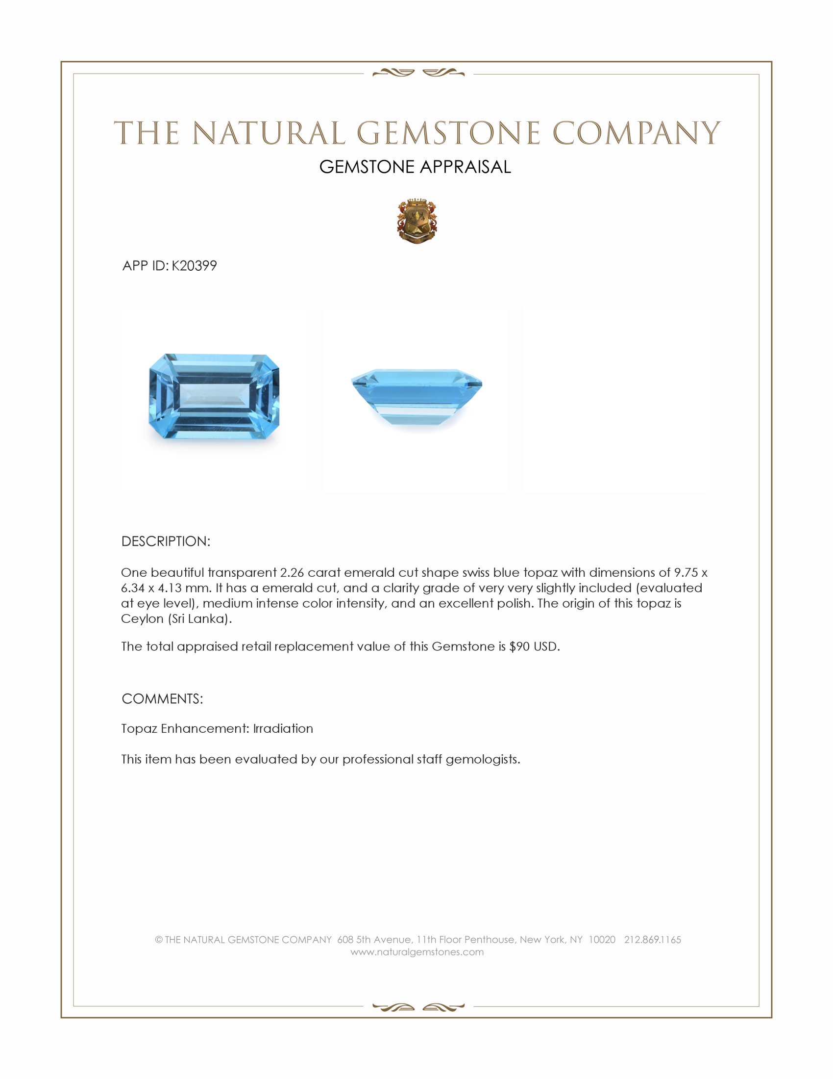 2.26 Ct. Swiss Blue Topaz from Ceylon (Sri Lanka)