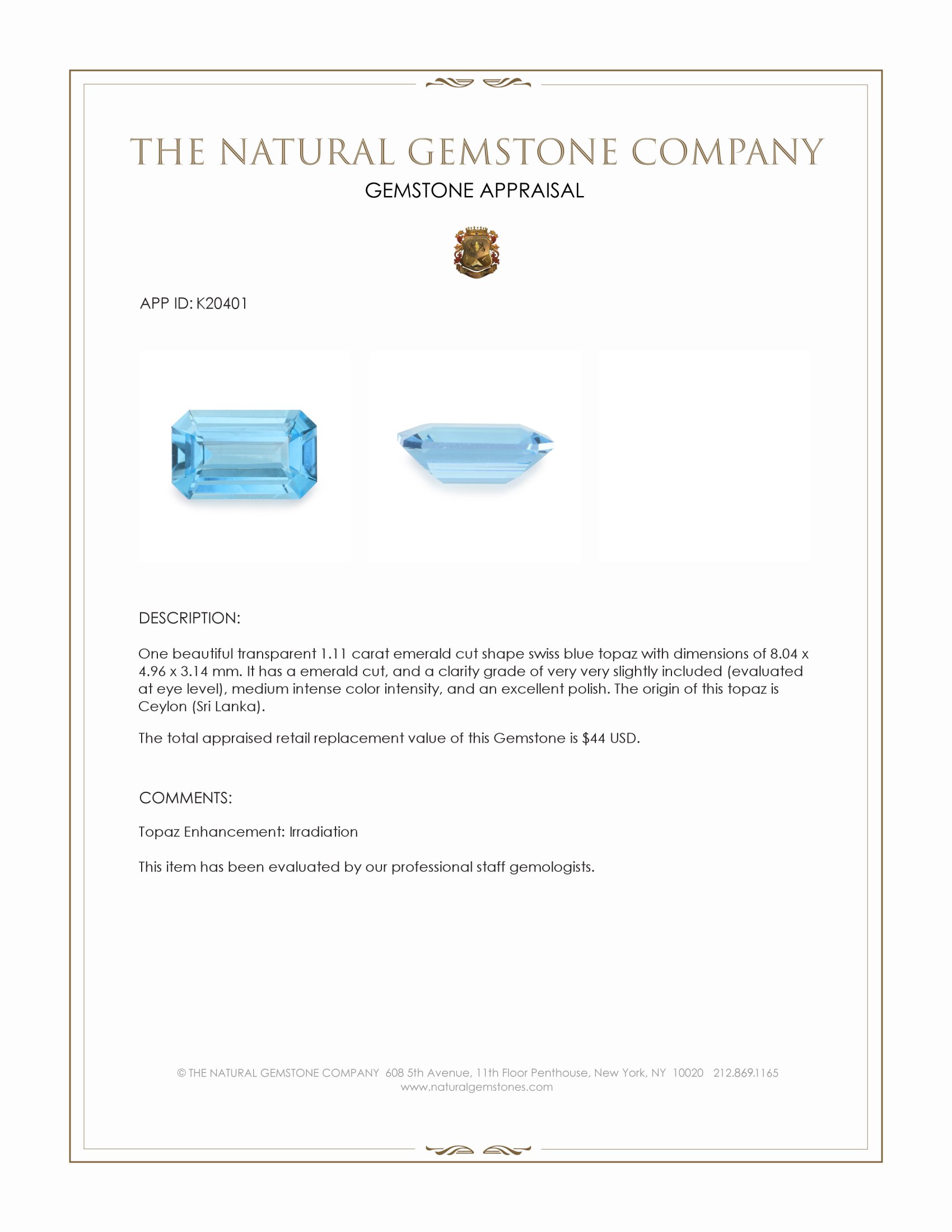 1.11 Ct. Swiss Blue Topaz from Ceylon (Sri Lanka)