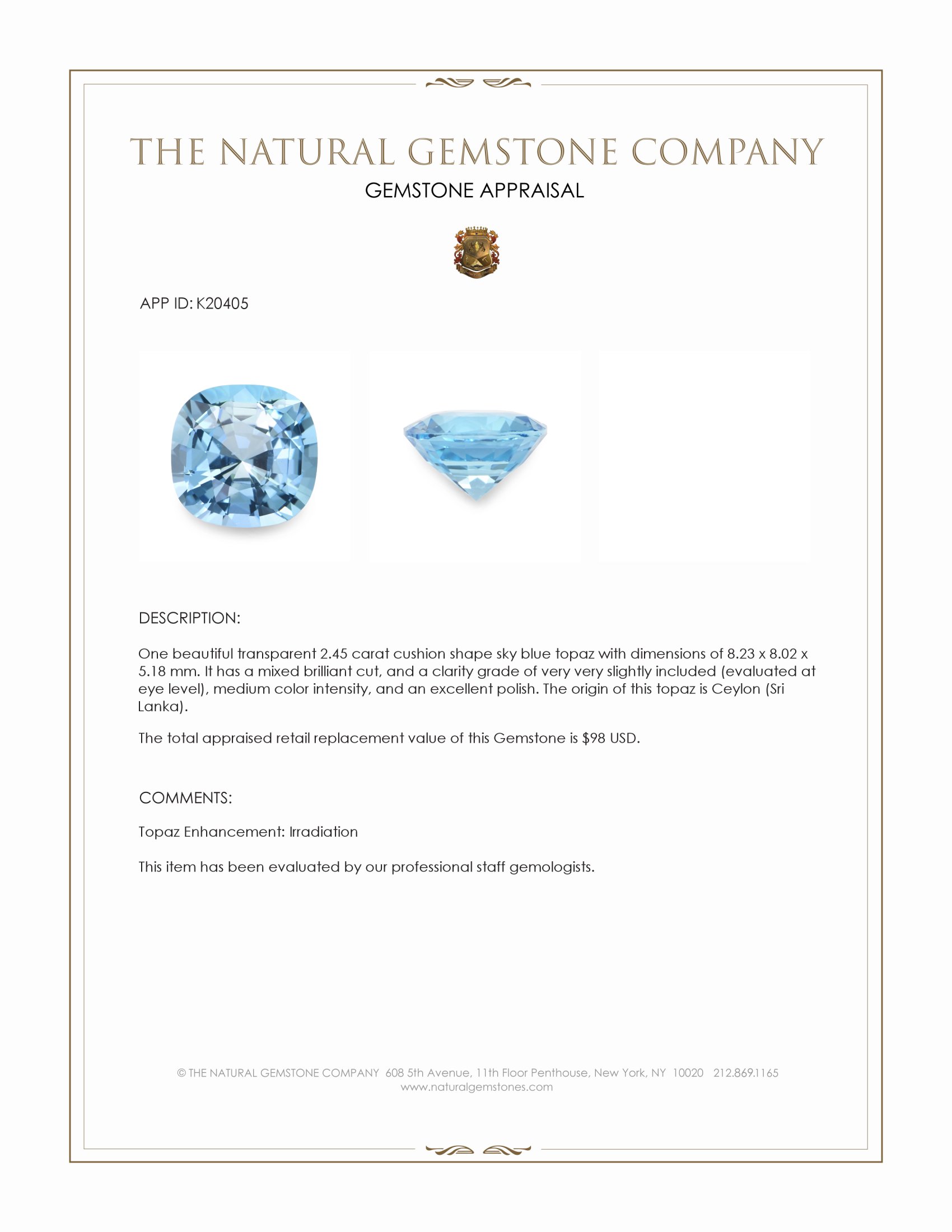 2.45 Ct. Sky Blue Topaz from Ceylon (Sri Lanka)