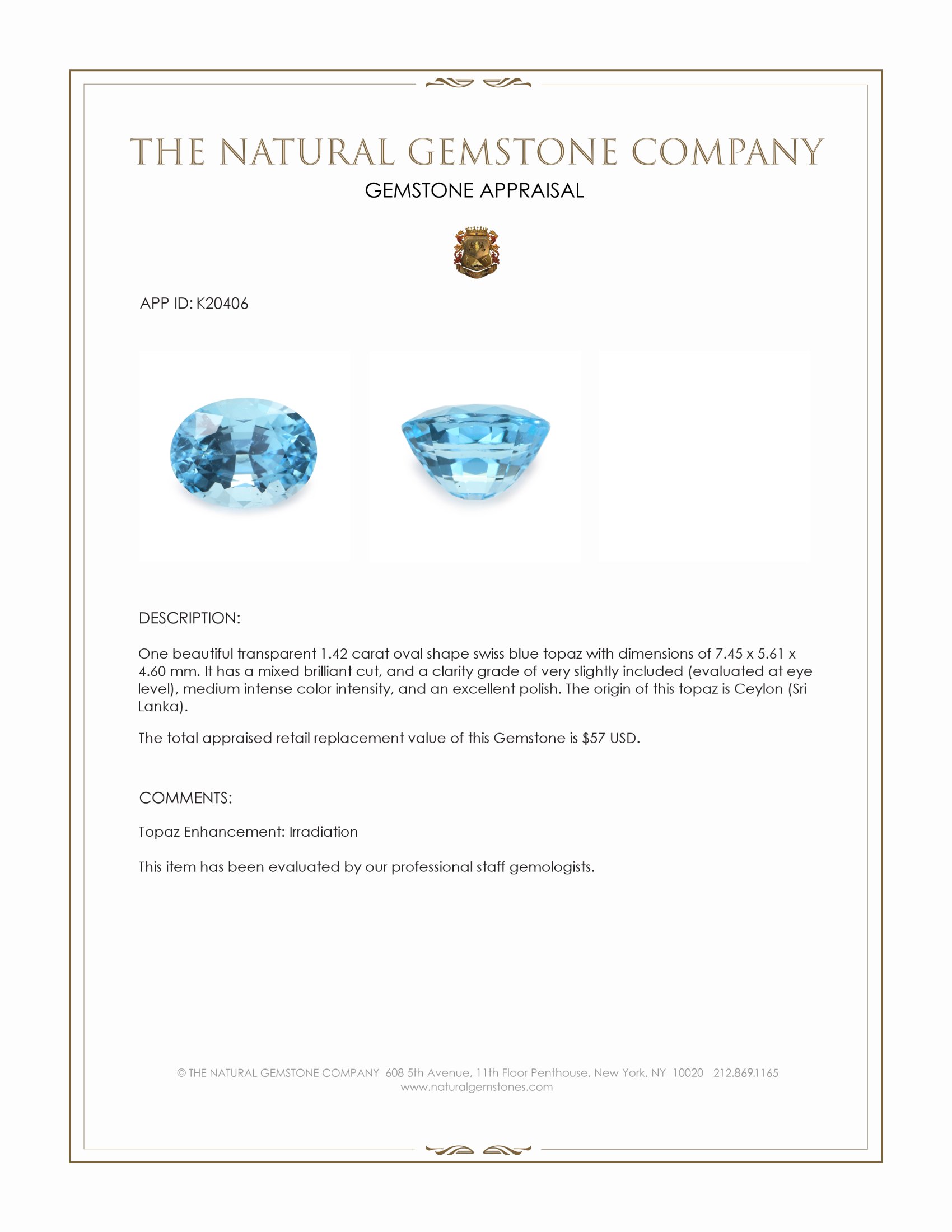 1.42 Ct. Swiss Blue Topaz from Ceylon (Sri Lanka)