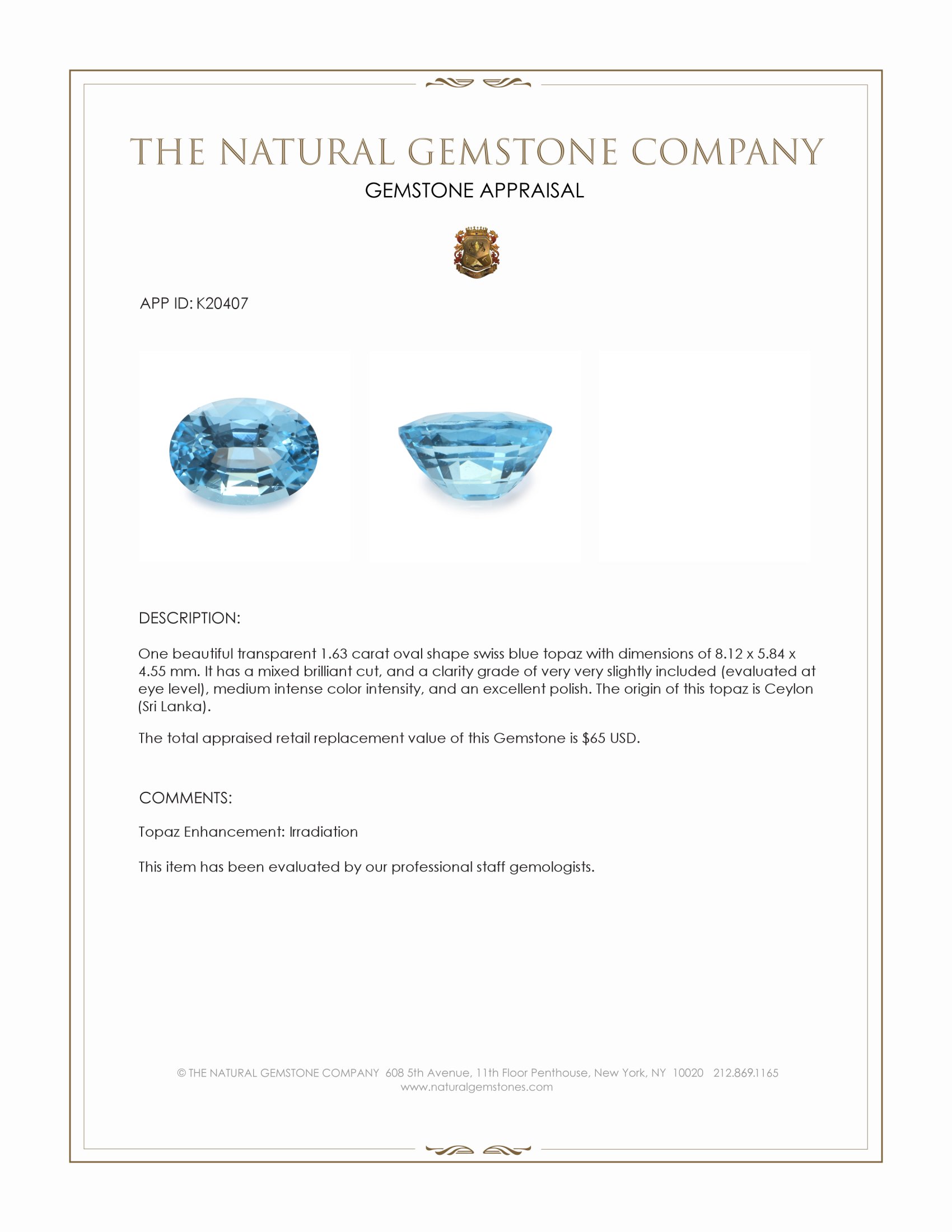 1.63 Ct. Swiss Blue Topaz from Ceylon (Sri Lanka)