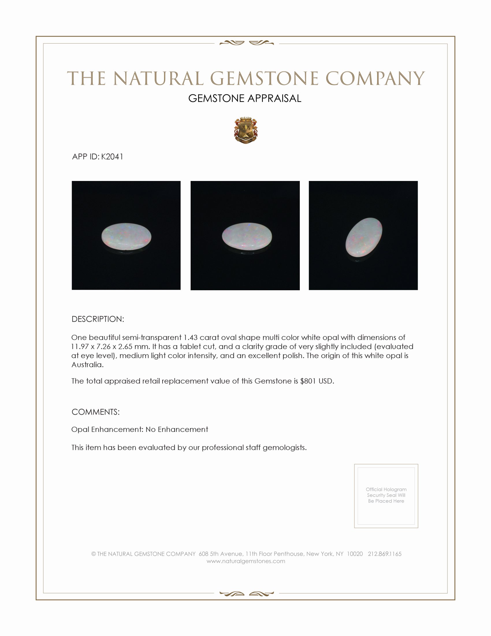 1.43 Ct. White Opal from Australia