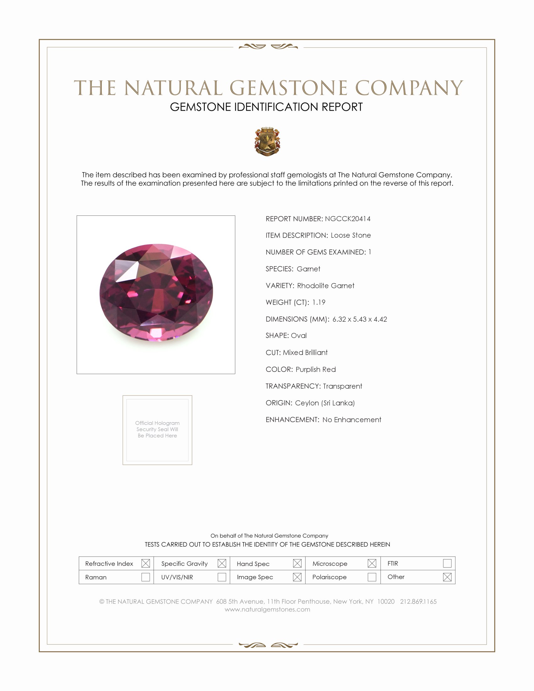 1.19 Ct. Purplish Red Rhodolite Garnet from Ceylon (Sri Lanka)