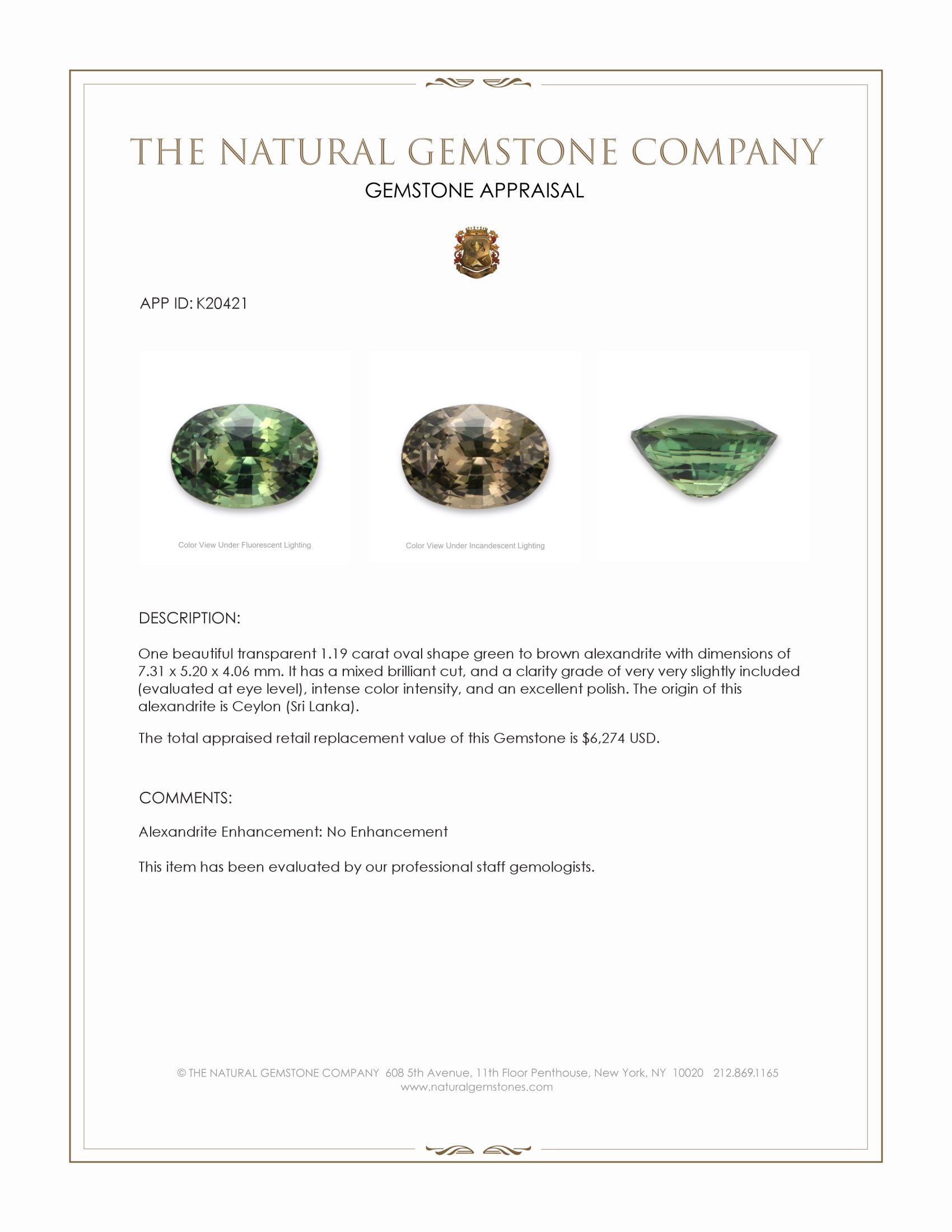 1.19 Ct. Alexandrite from Ceylon (Sri Lanka)