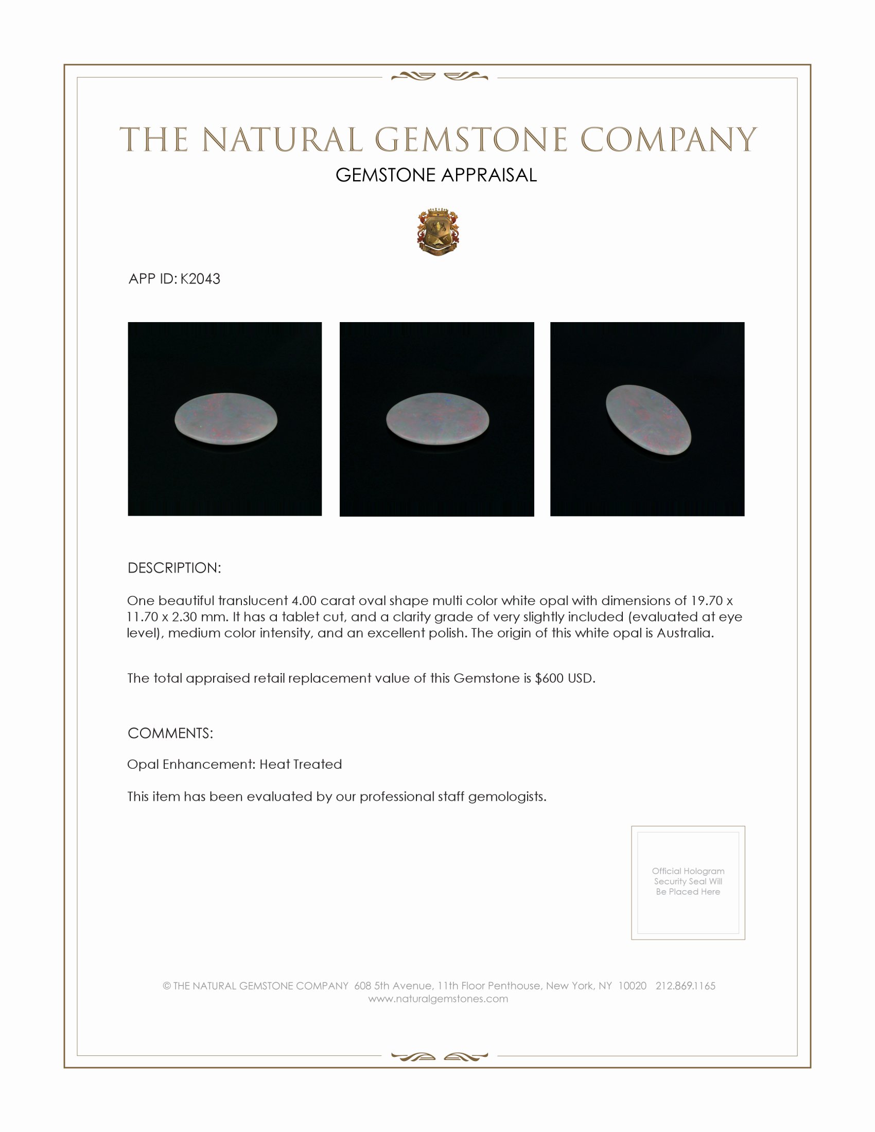 4.00 Ct. White Opal from Australia