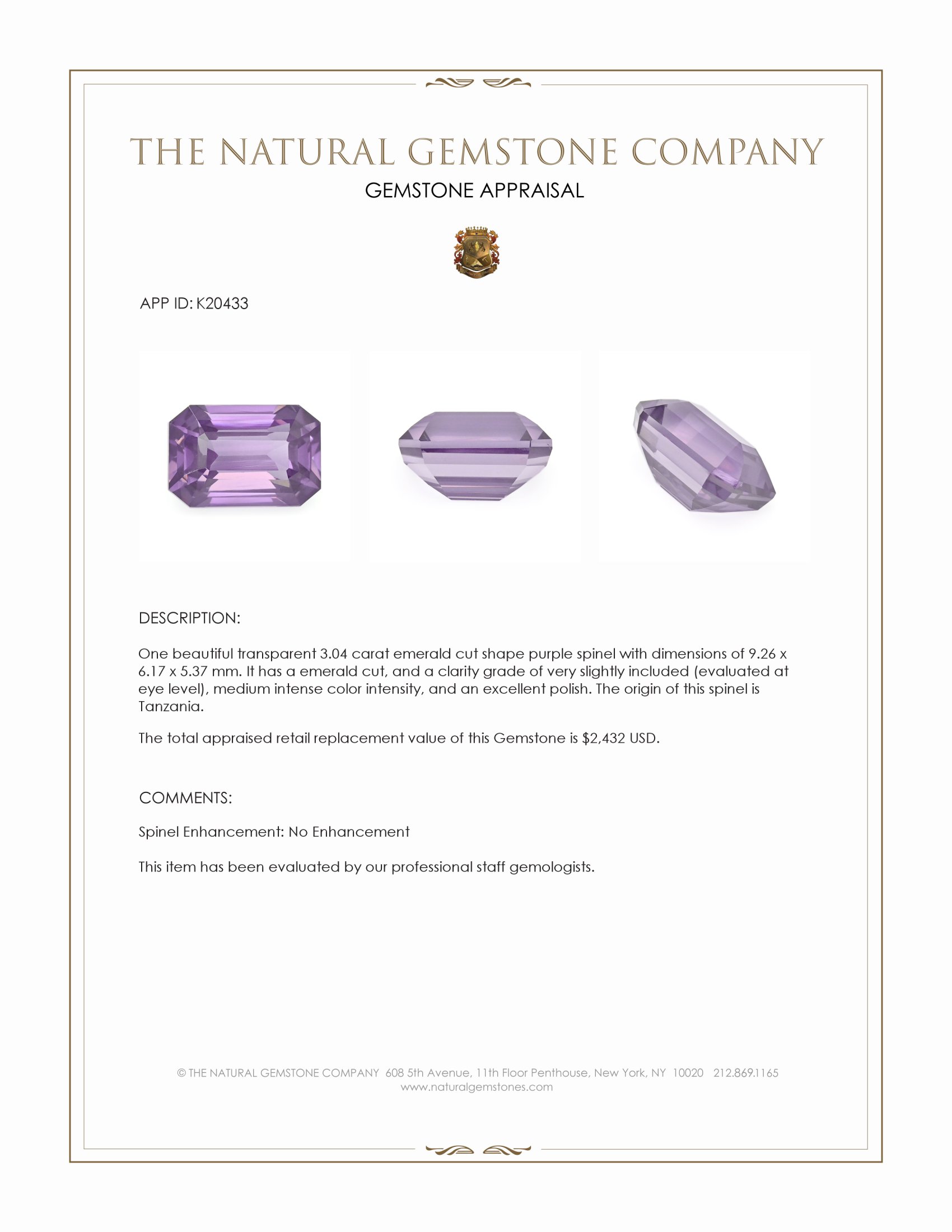 3.04 Ct. Spinel from Tanzania