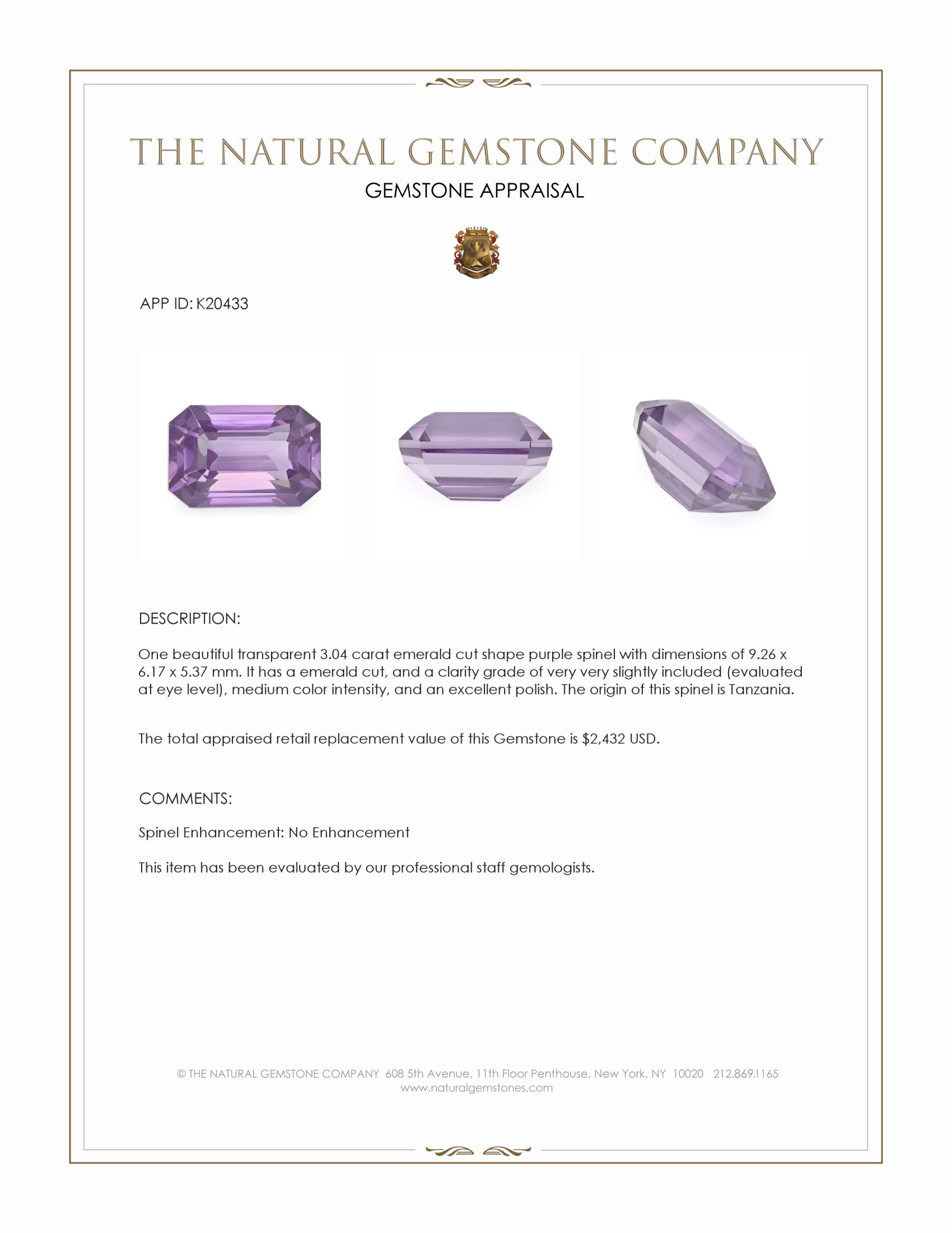 3.04 Ct. Purple Spinel from Tanzania