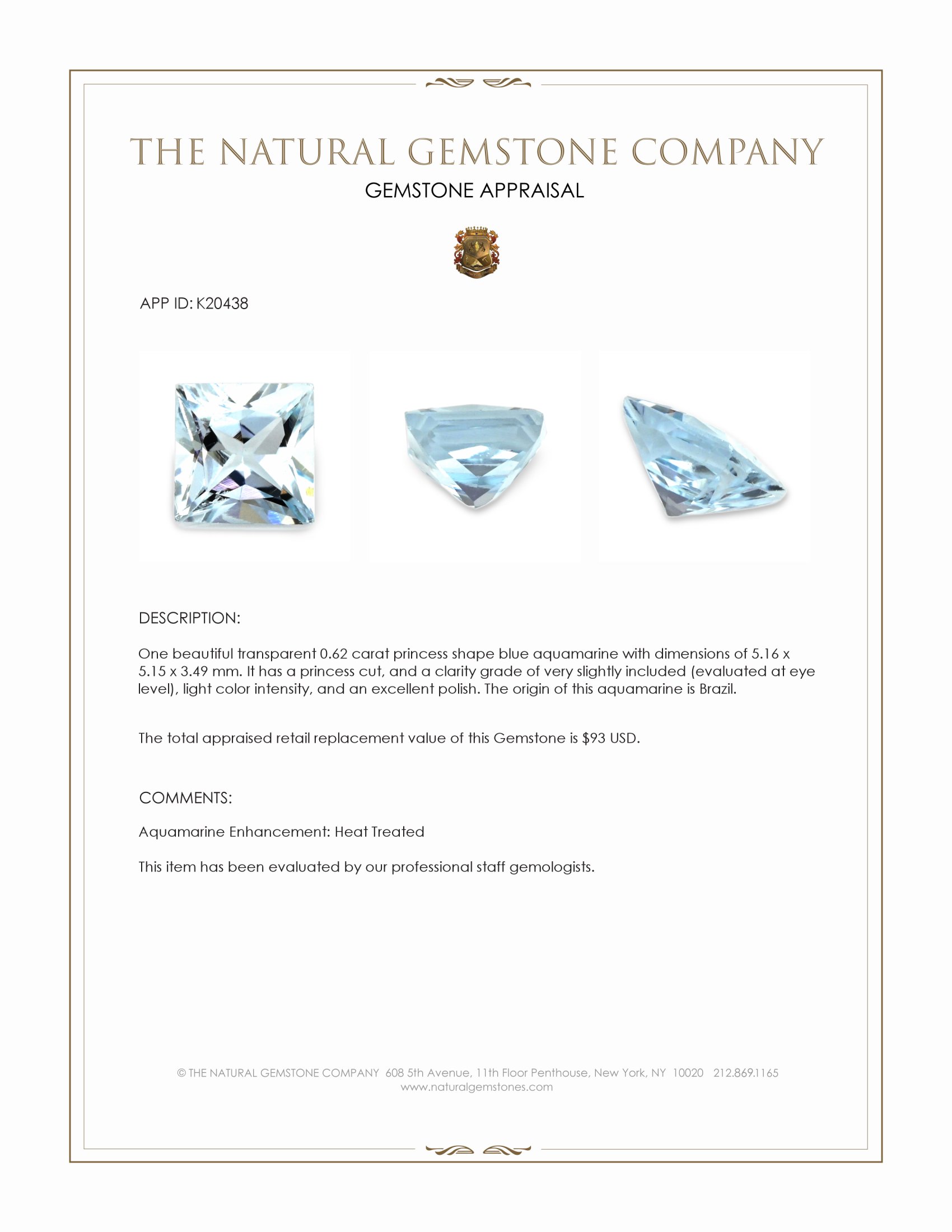 0.62 Ct. Blue Aquamarine from Brazil