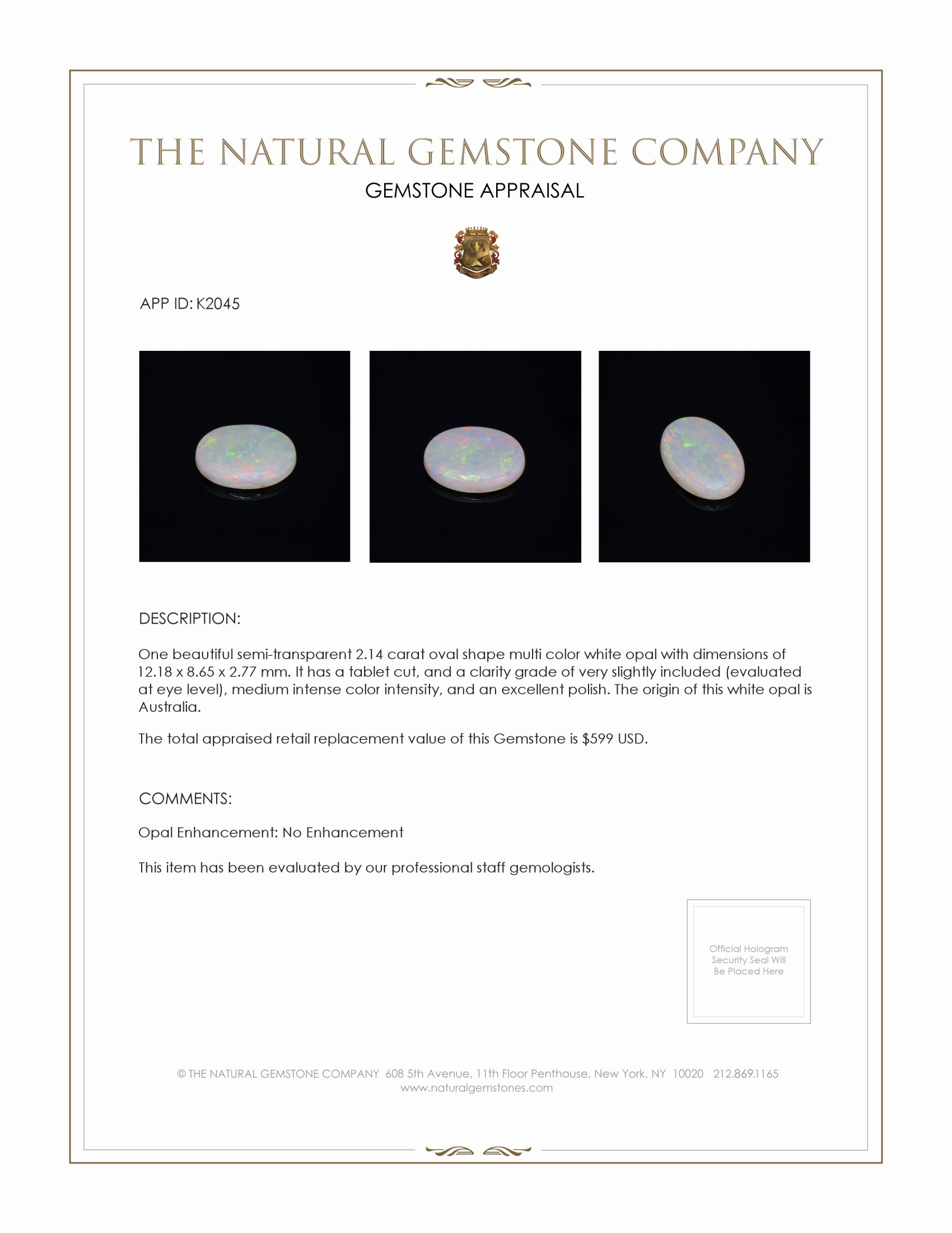 2.14 Ct. White Opal from Australia