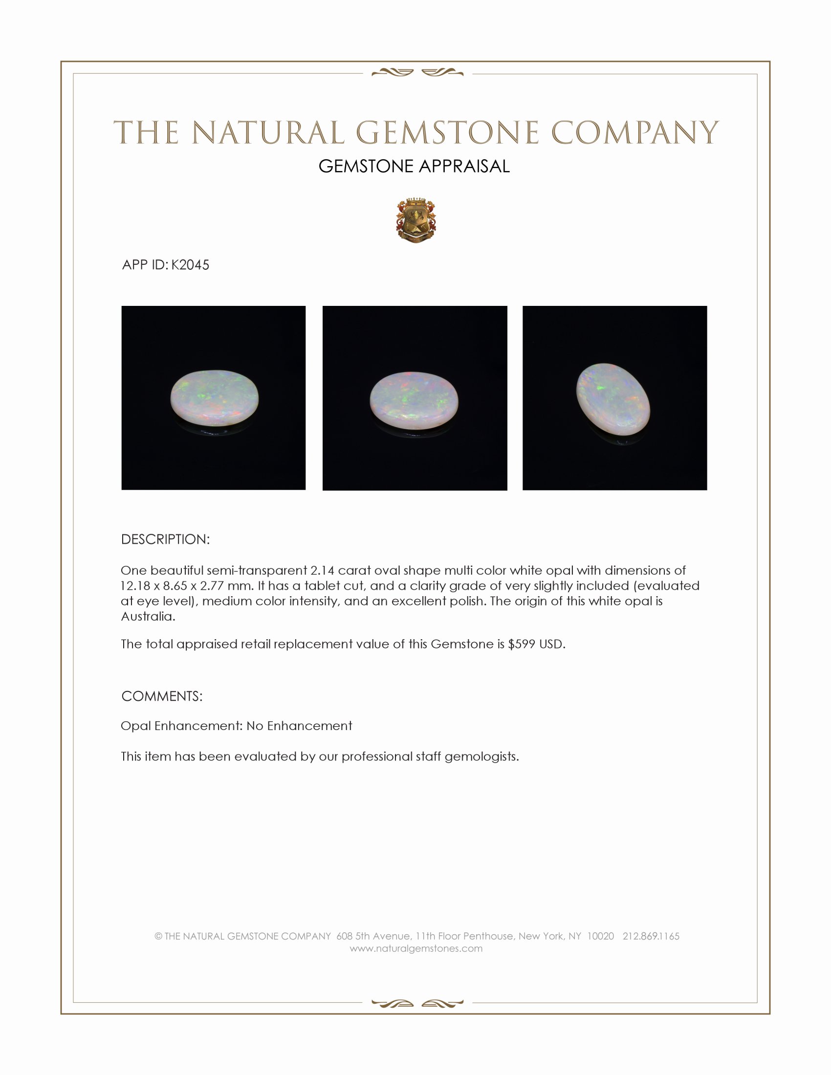 2.14 Ct. White Opal from Australia