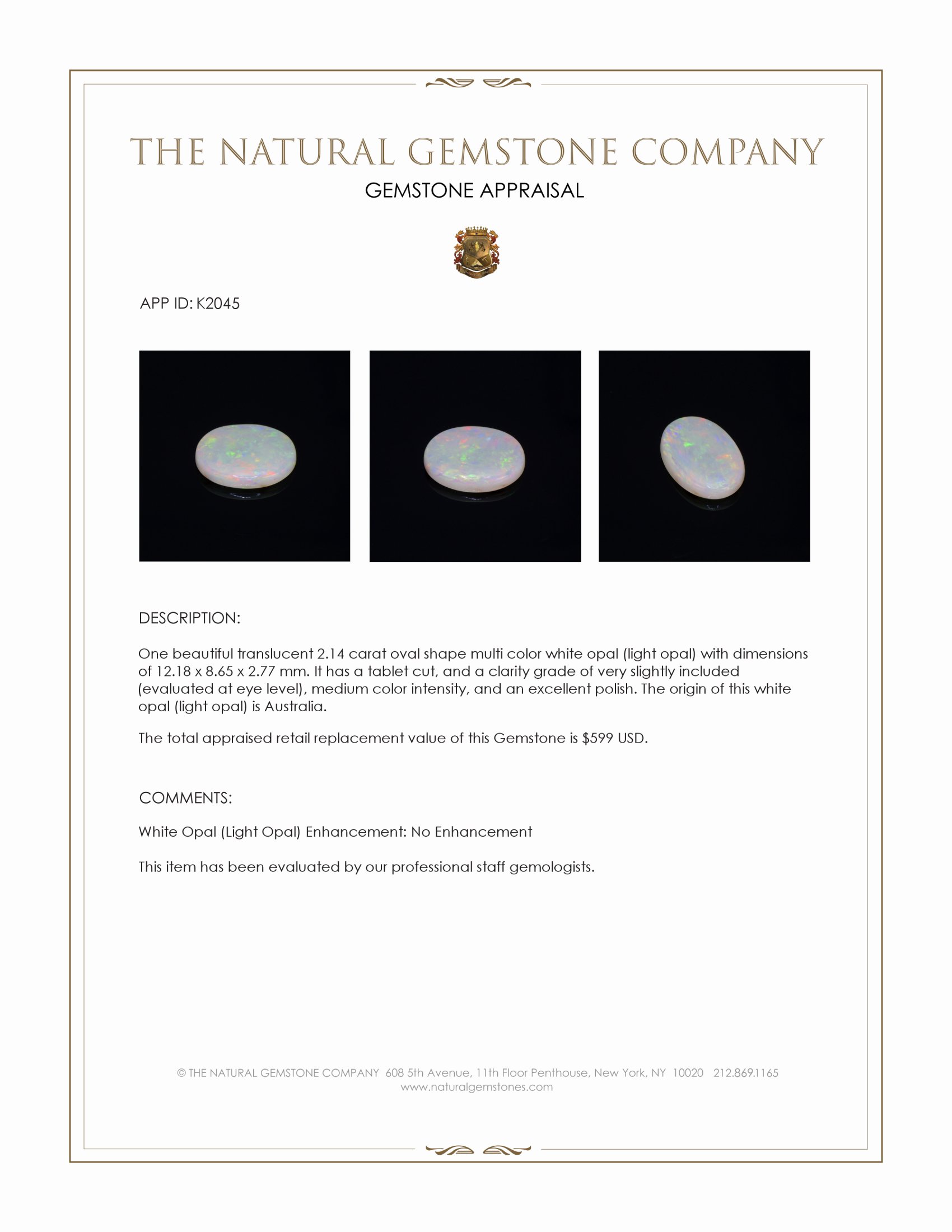 2.14 Ct. Multi Color White Opal (Light Opal) from Australia