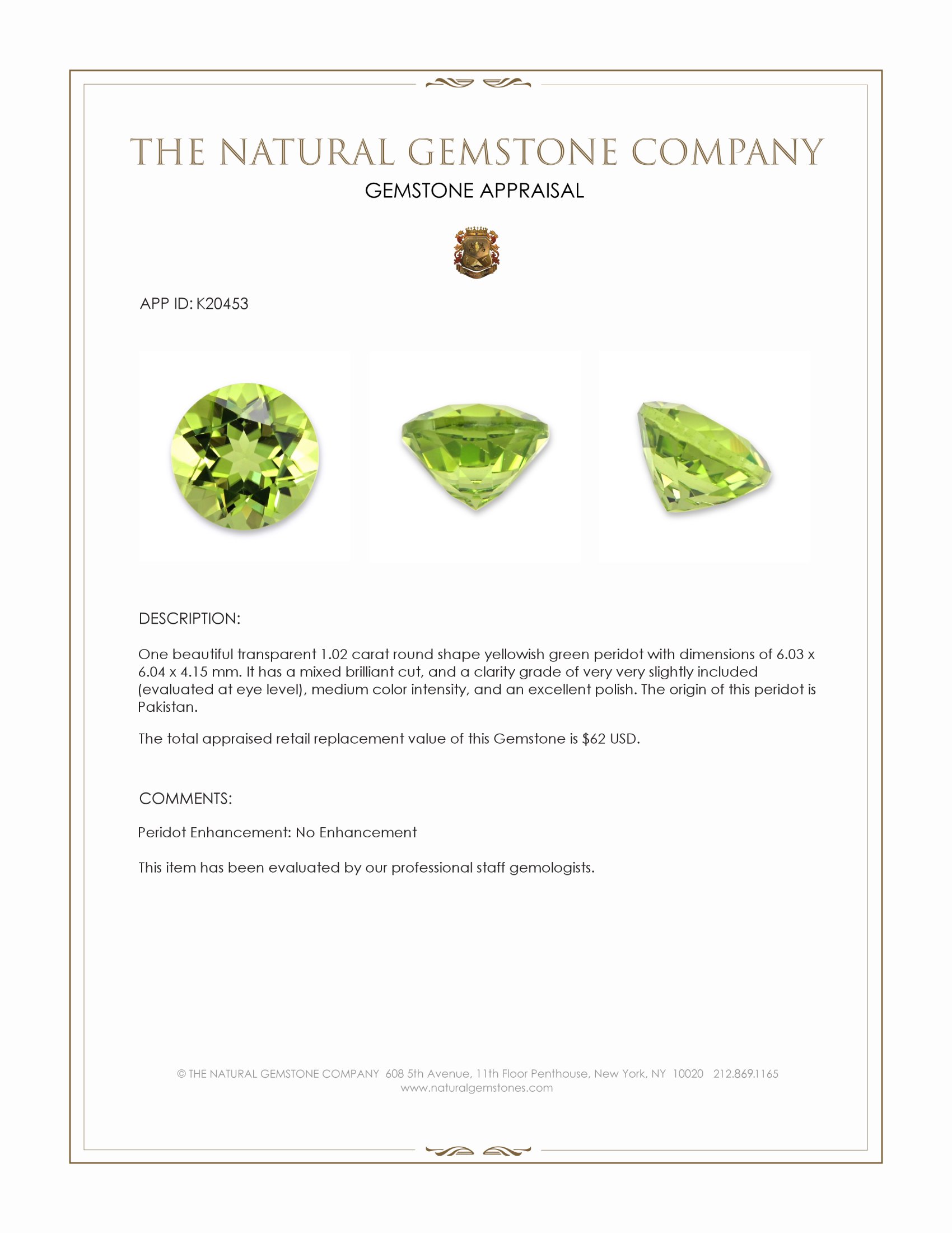 1.02 Ct. Yellowish Green Peridot from Pakistan