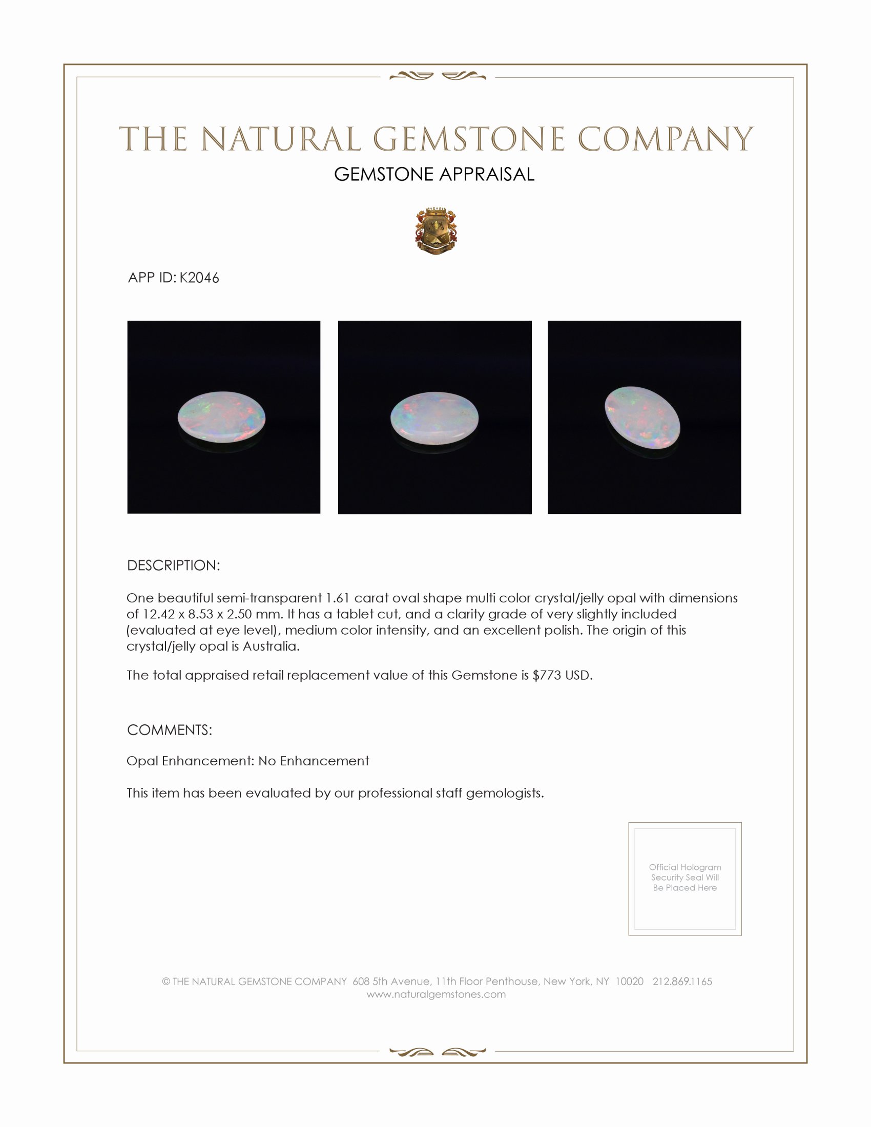 1.61 Ct. Multi Color Crystal/Jelly Opal from Australia