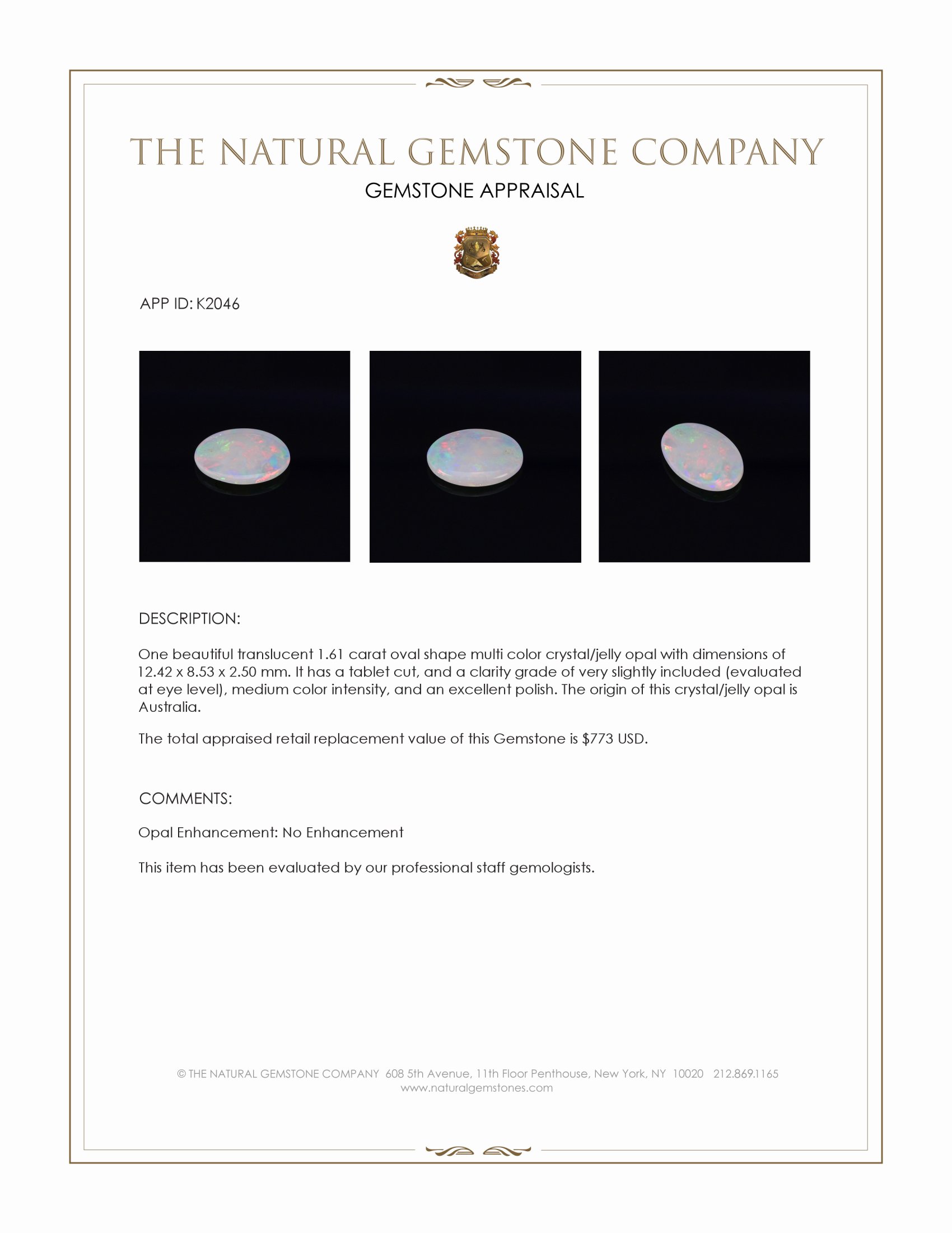 1.61 Ct. Crystal/Jelly Opal from Australia