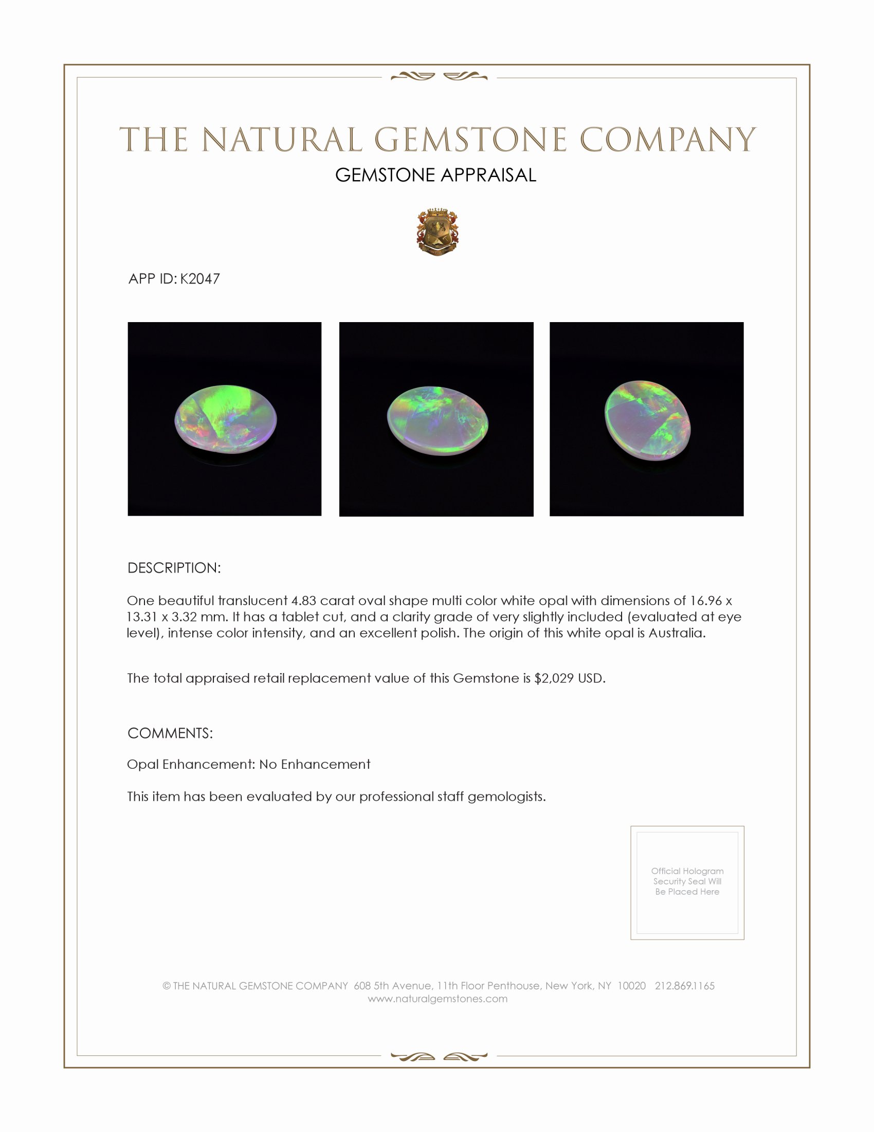 4.83 Ct. White Opal from Australia