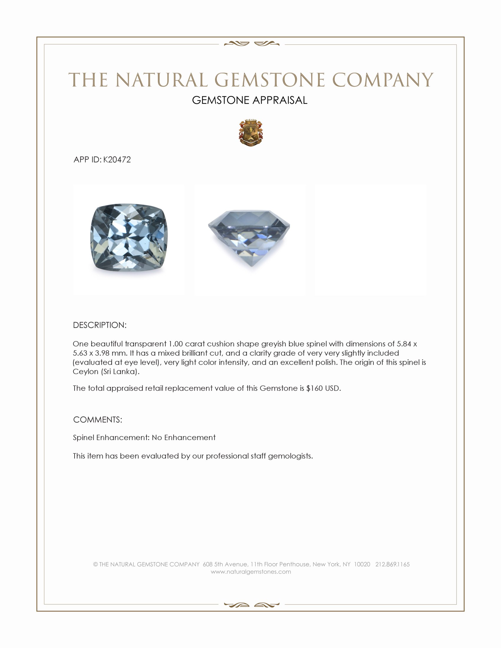 1.00 Ct. Spinel from Ceylon (Sri Lanka)