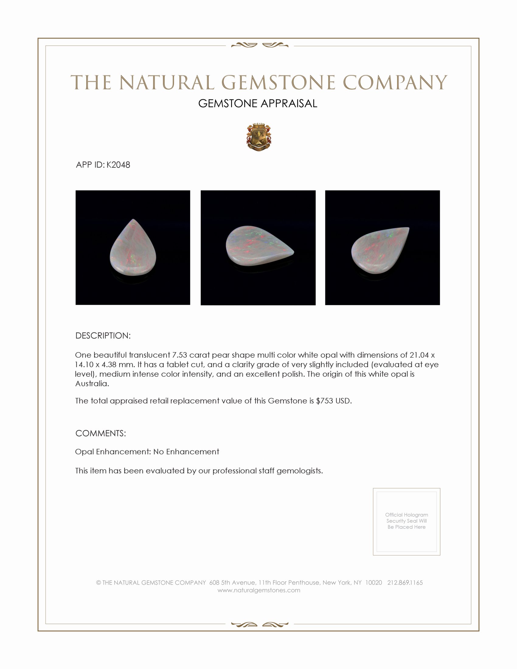 7.53 Ct. White Opal from Australia