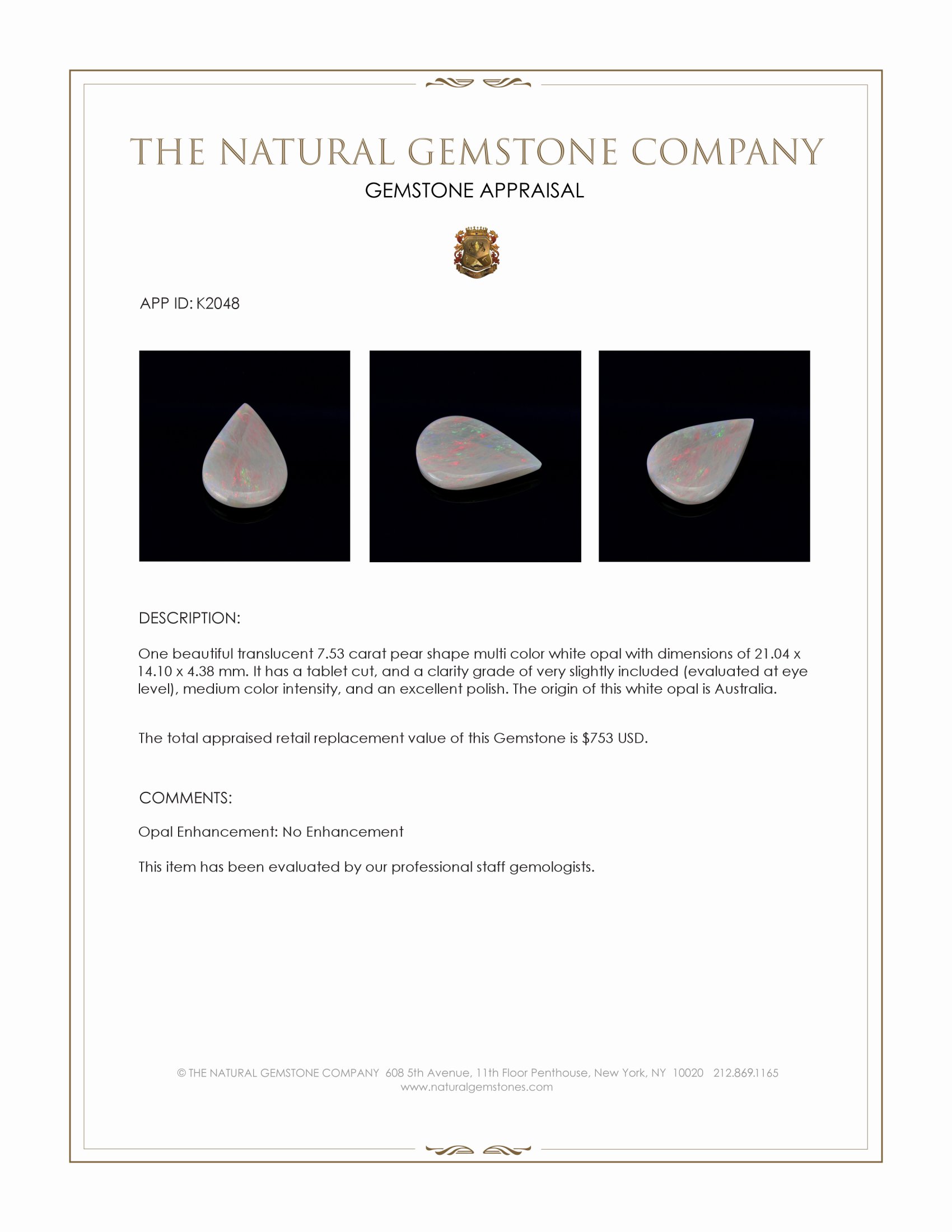 7.53 Ct. White Opal from Australia