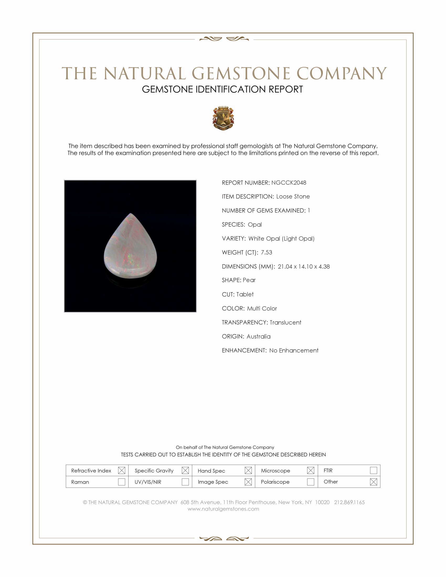 7.53 Ct. Multi Color White Opal (Light Opal) from Australia