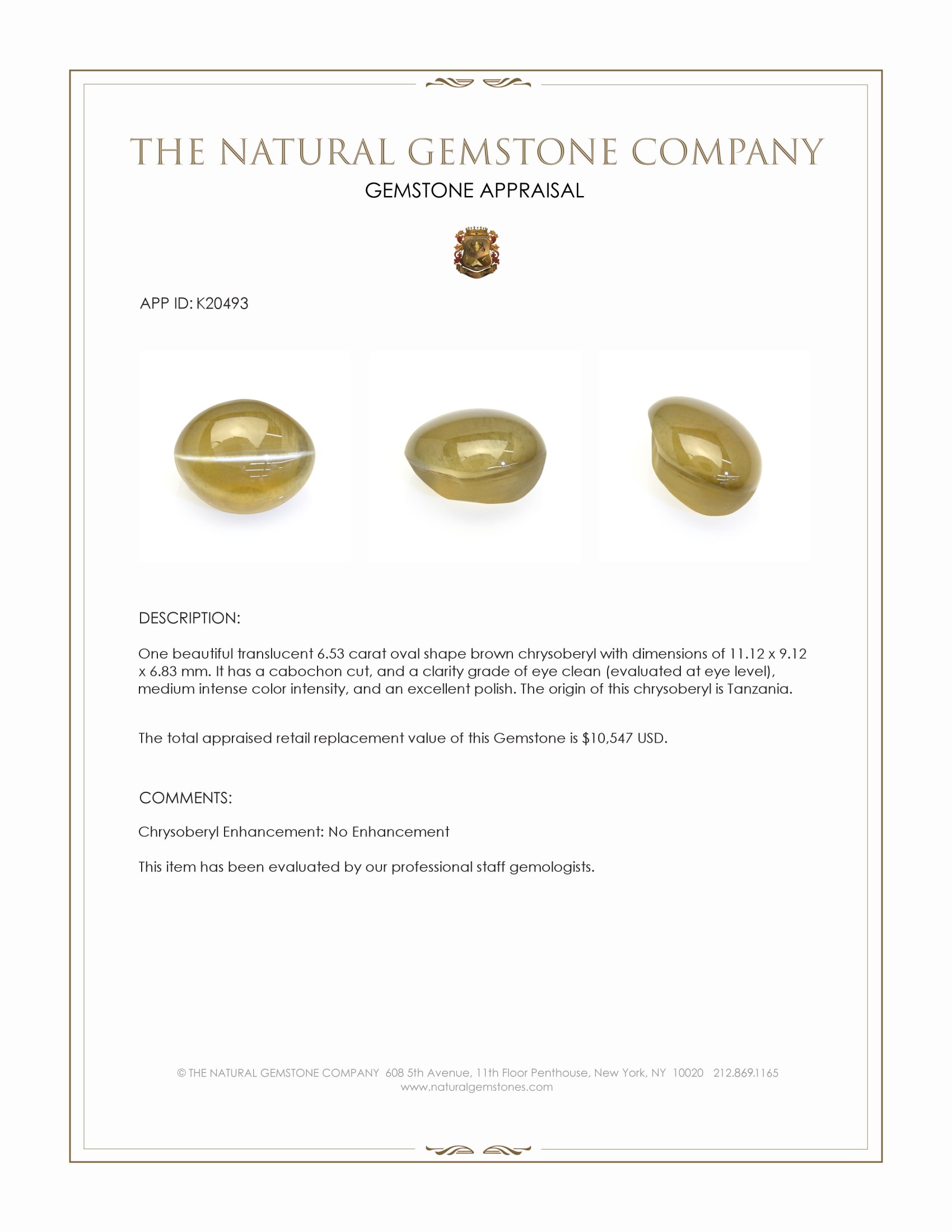 6.53 Ct. Cabochon Chrysoberyl from Tanzania