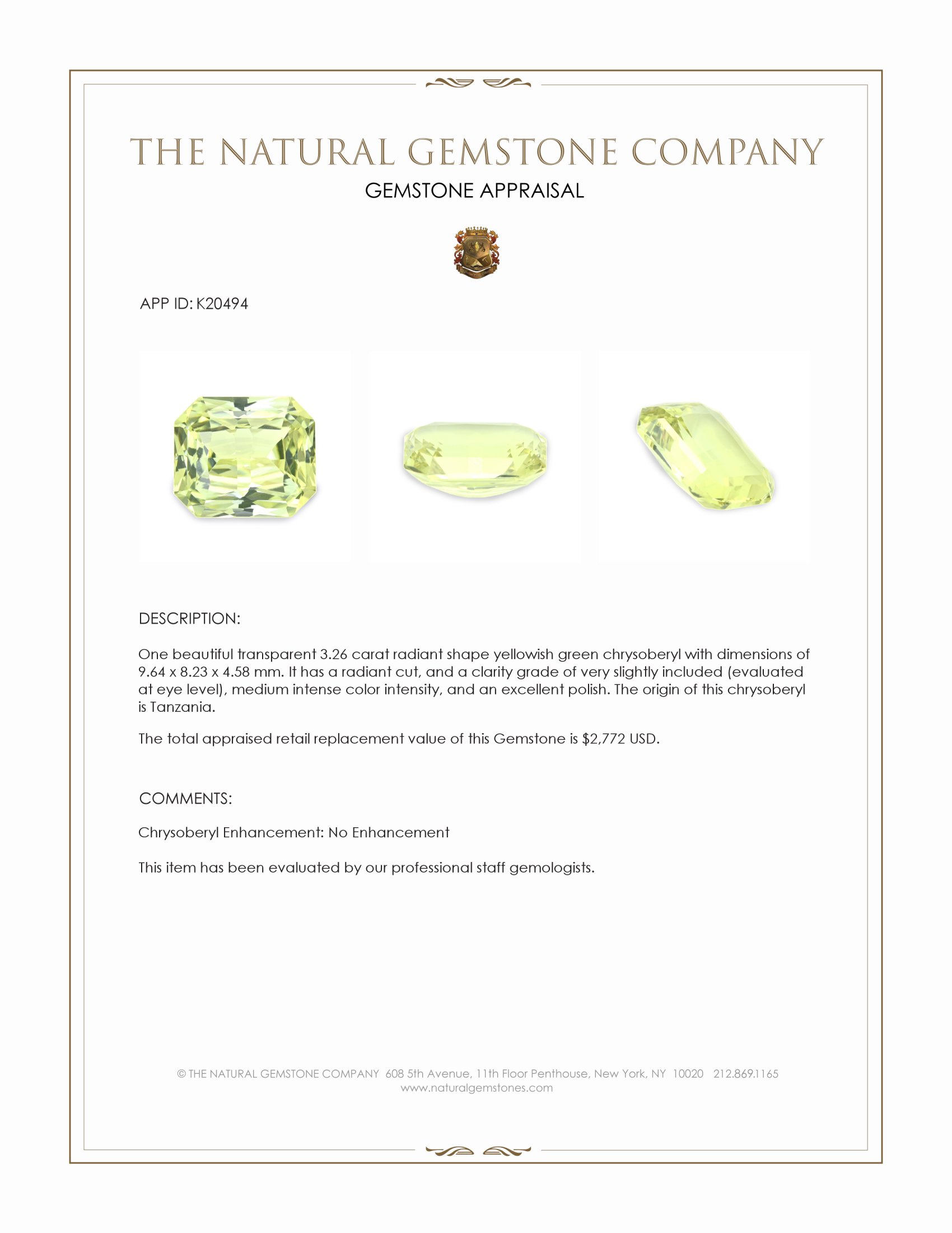 3.26 Ct. Chrysoberyl from Tanzania