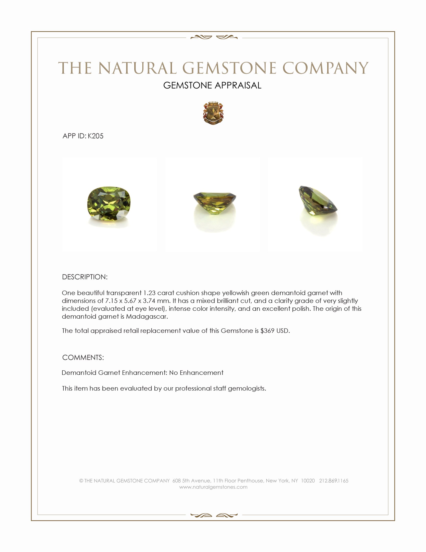 1.23 Ct. Yellowish Green Demantoid Garnet from Madagascar