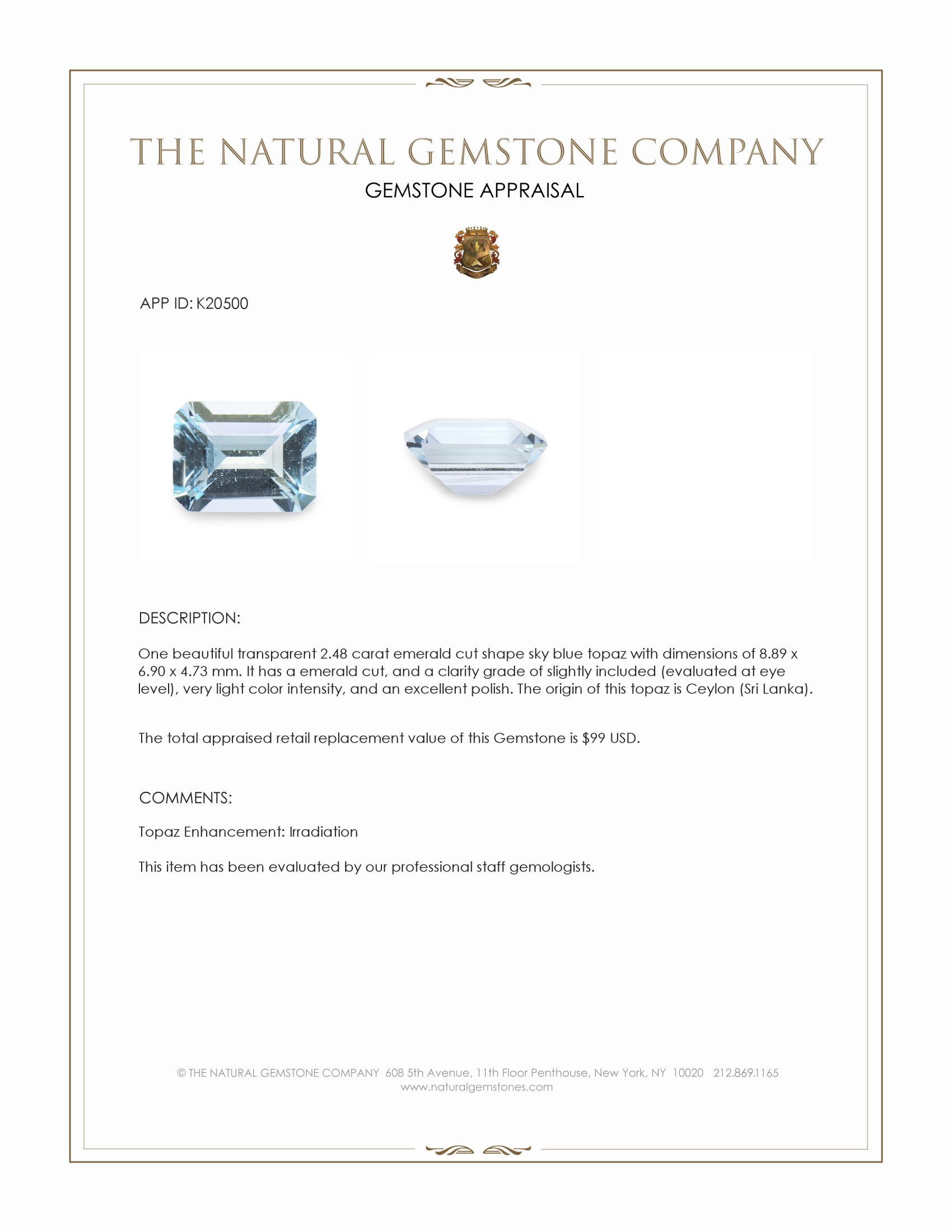 2.48 Ct. Sky Blue Topaz from Ceylon (Sri Lanka)