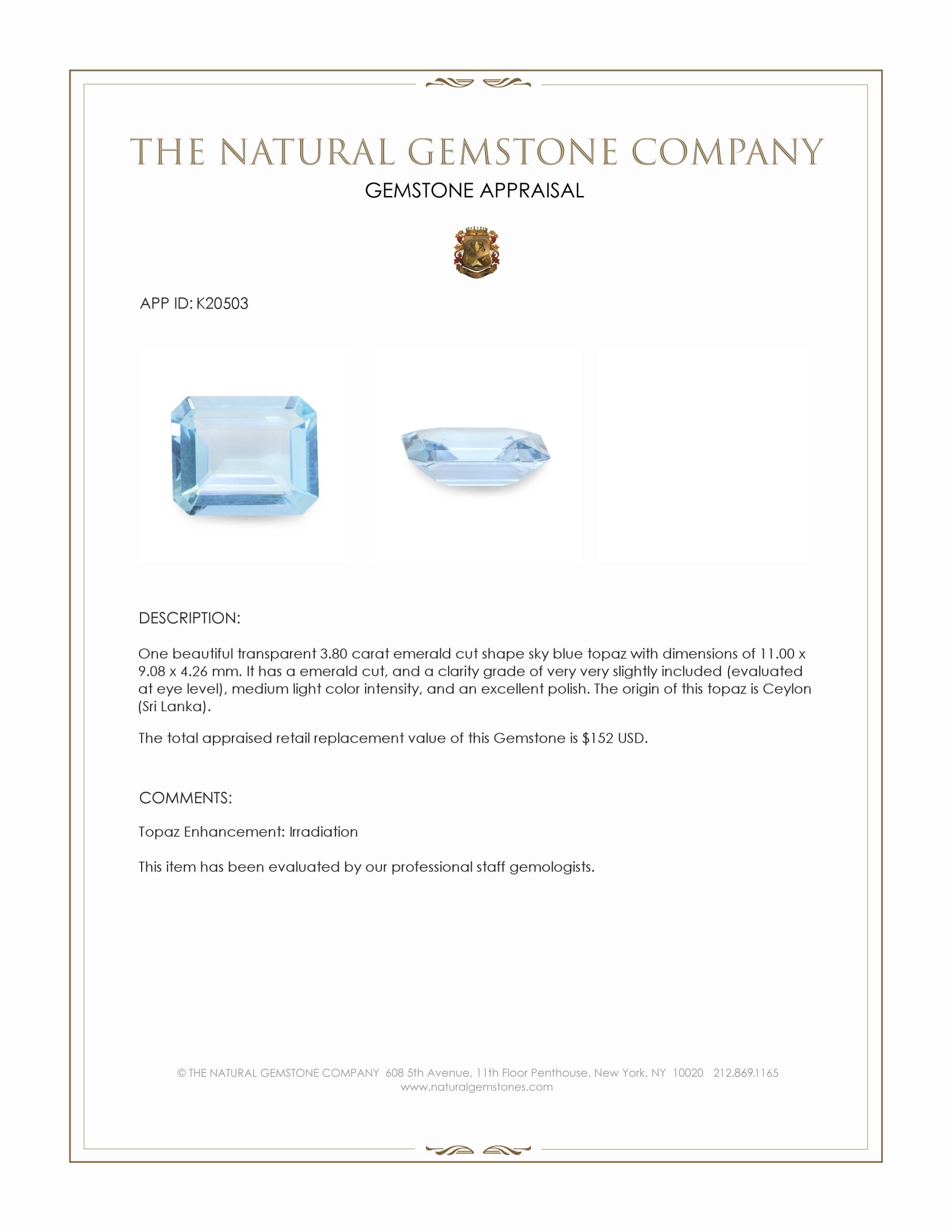 3.80 Ct. Sky Blue Topaz from Ceylon (Sri Lanka)
