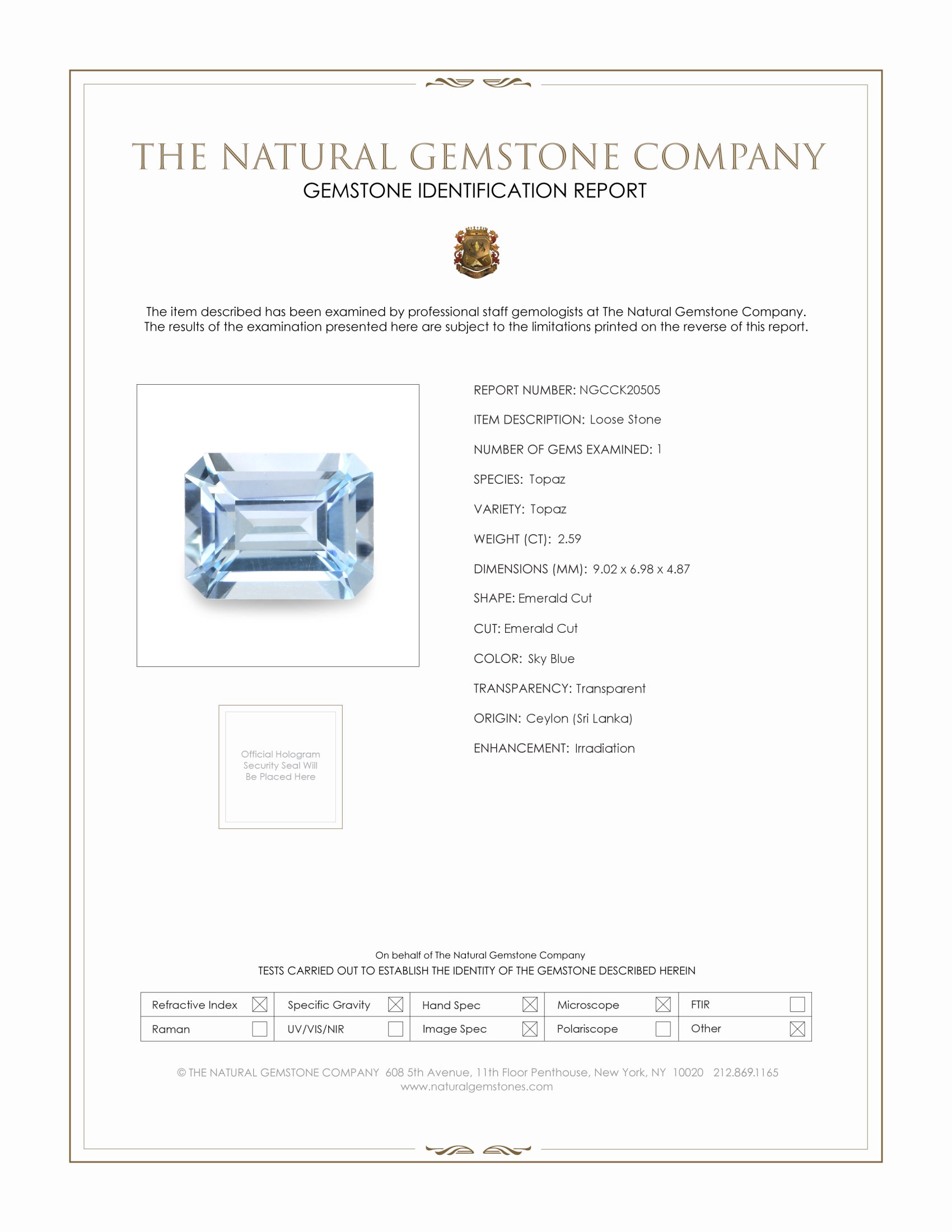 2.59 Ct. Sky Blue Topaz from Ceylon (Sri Lanka)
