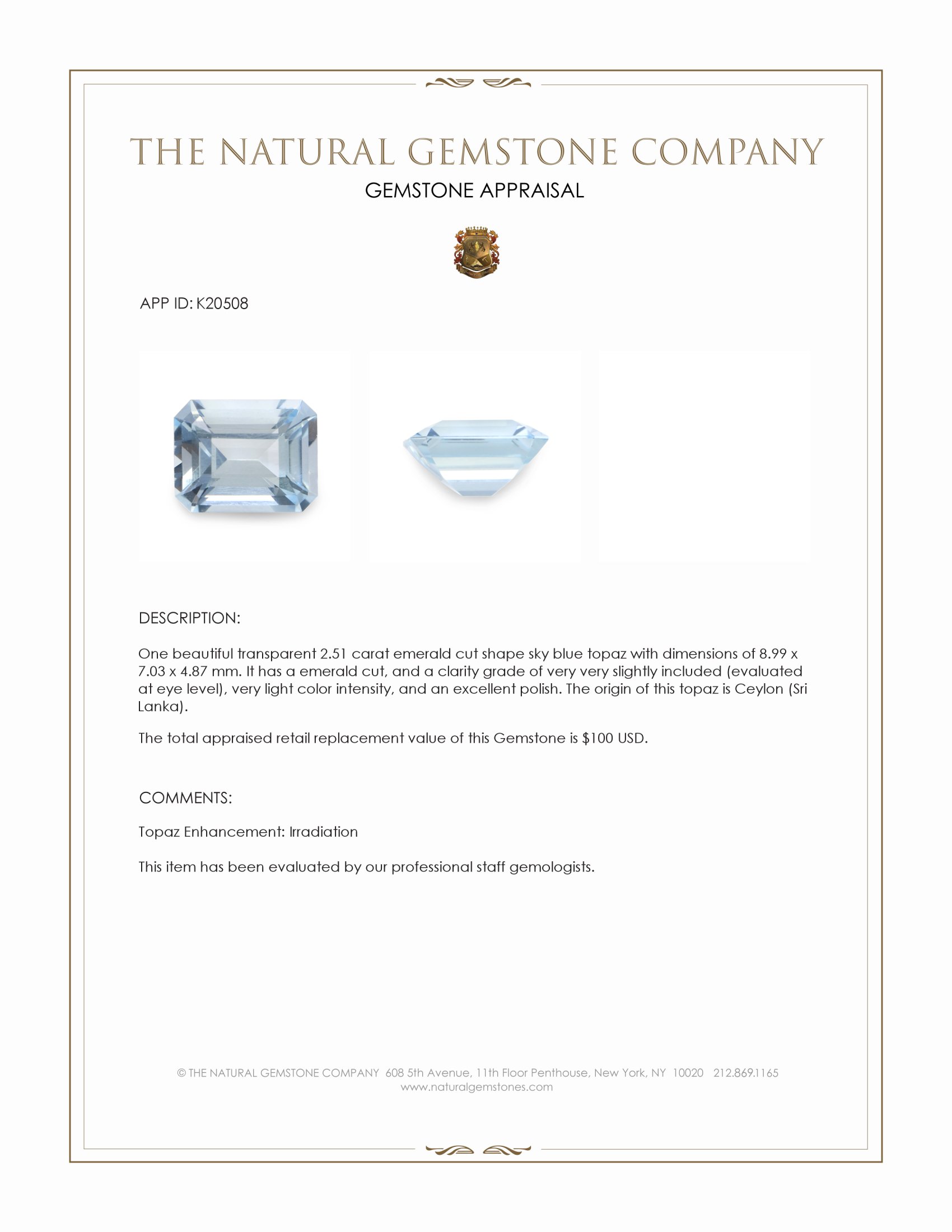 2.51 Ct. Sky Blue Topaz from Ceylon (Sri Lanka)