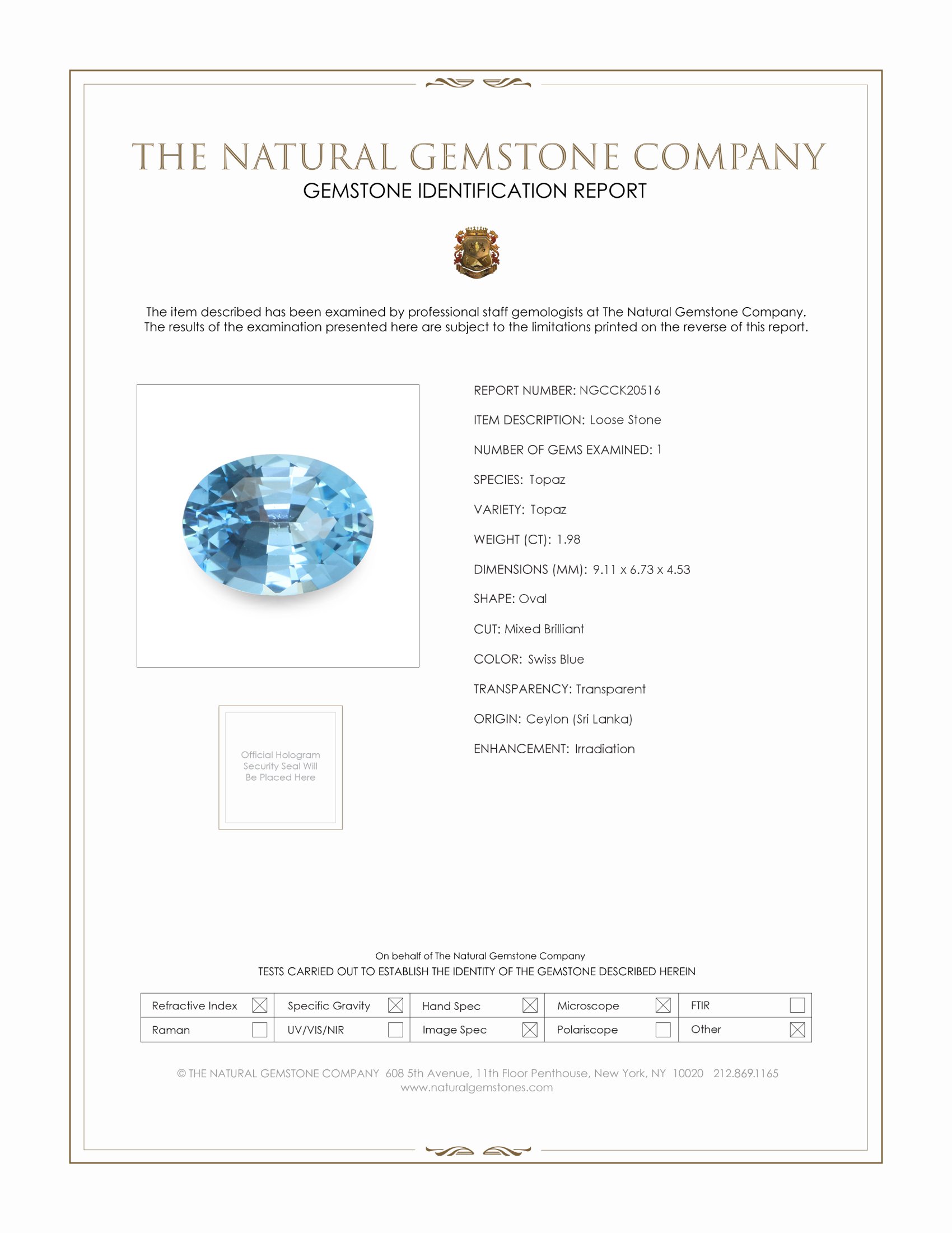 1.98 Ct. Swiss Blue Topaz from Ceylon (Sri Lanka)