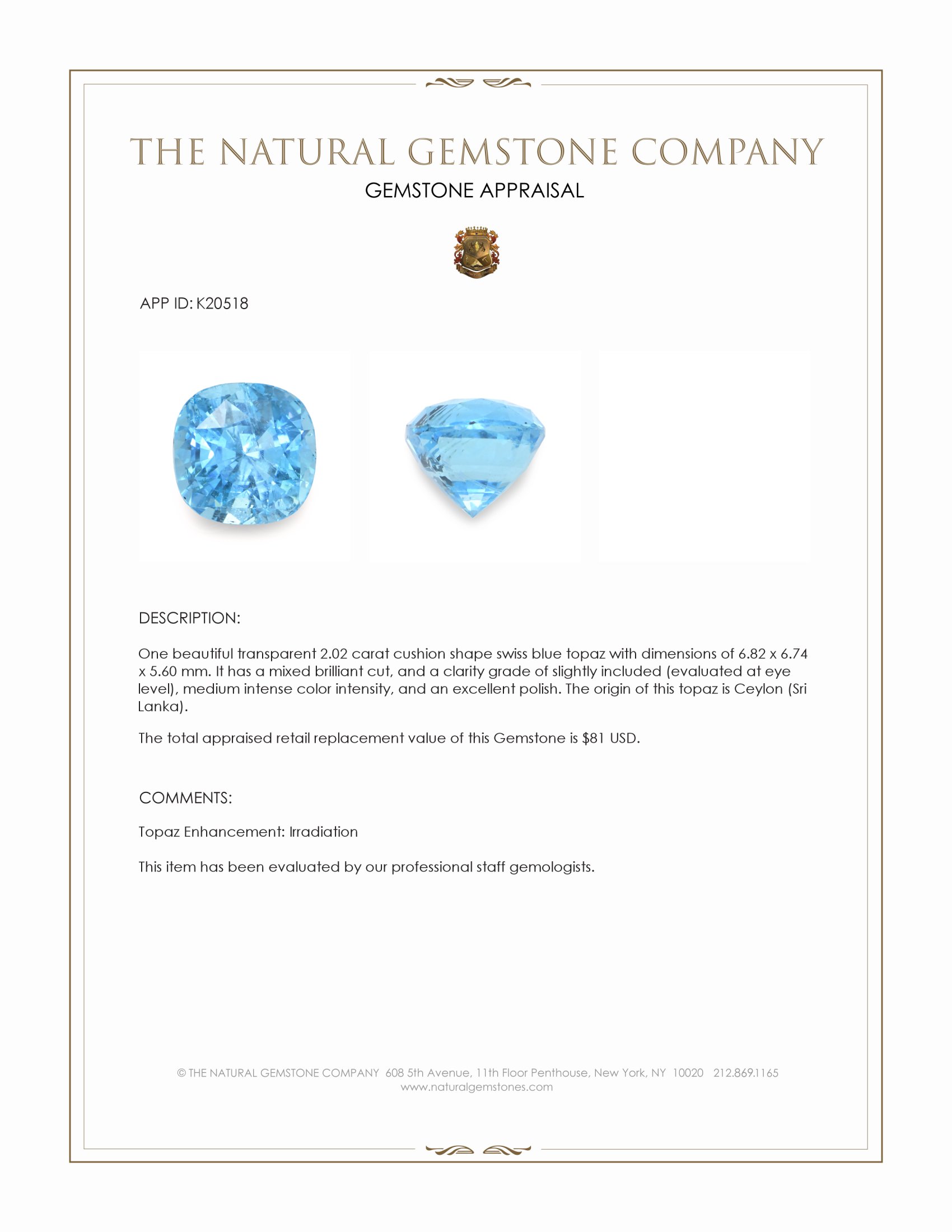 2.02 Ct. Swiss Blue Topaz from Ceylon (Sri Lanka)