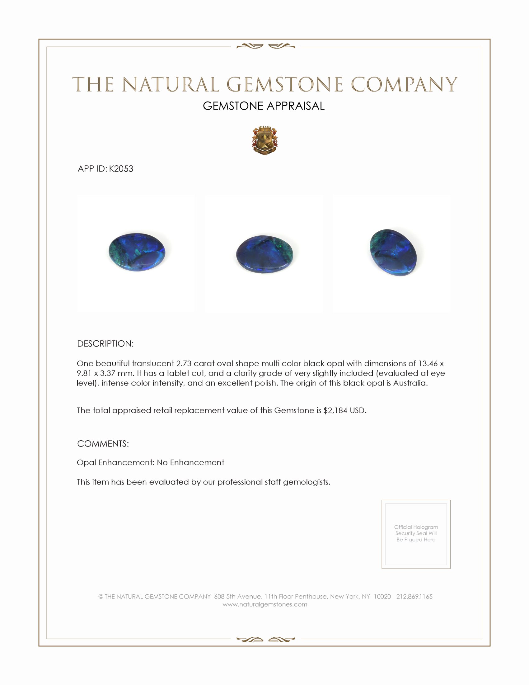 2.73 Ct. Black Opal from Australia
