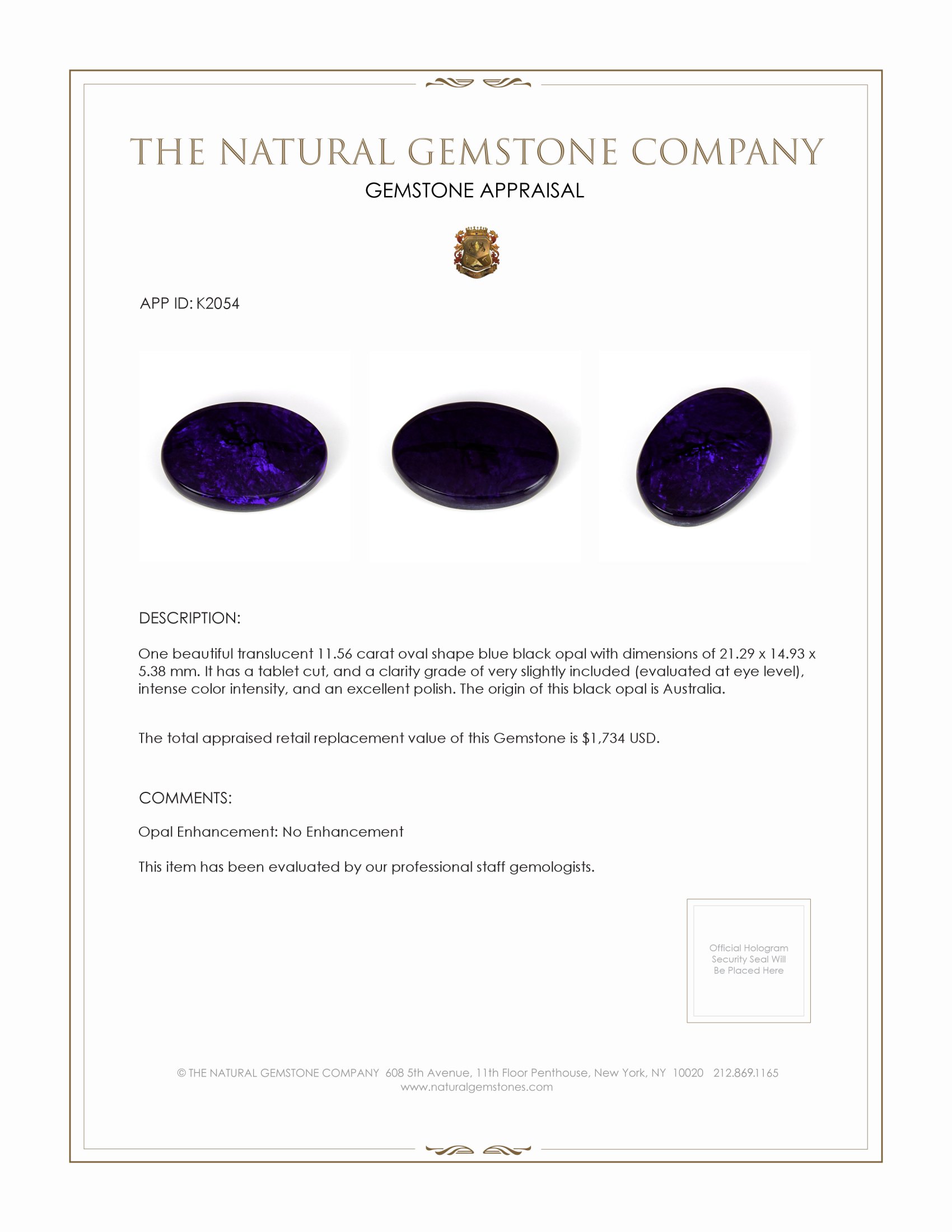 11.56 Ct. Black Opal from Australia