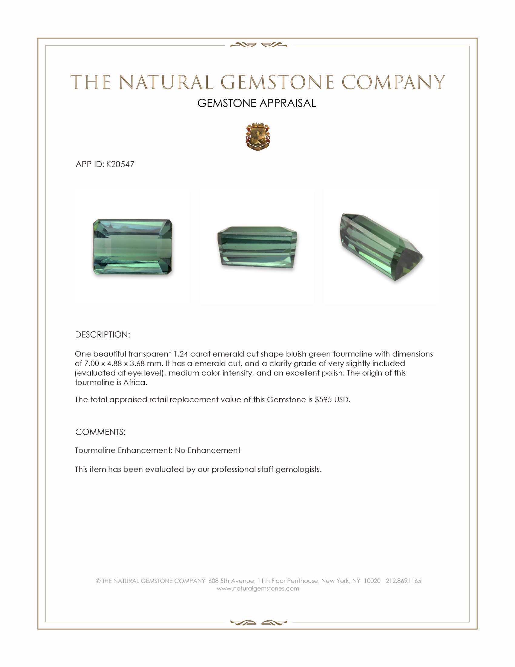 1.24 Ct. Bluish Green Tourmaline from Africa