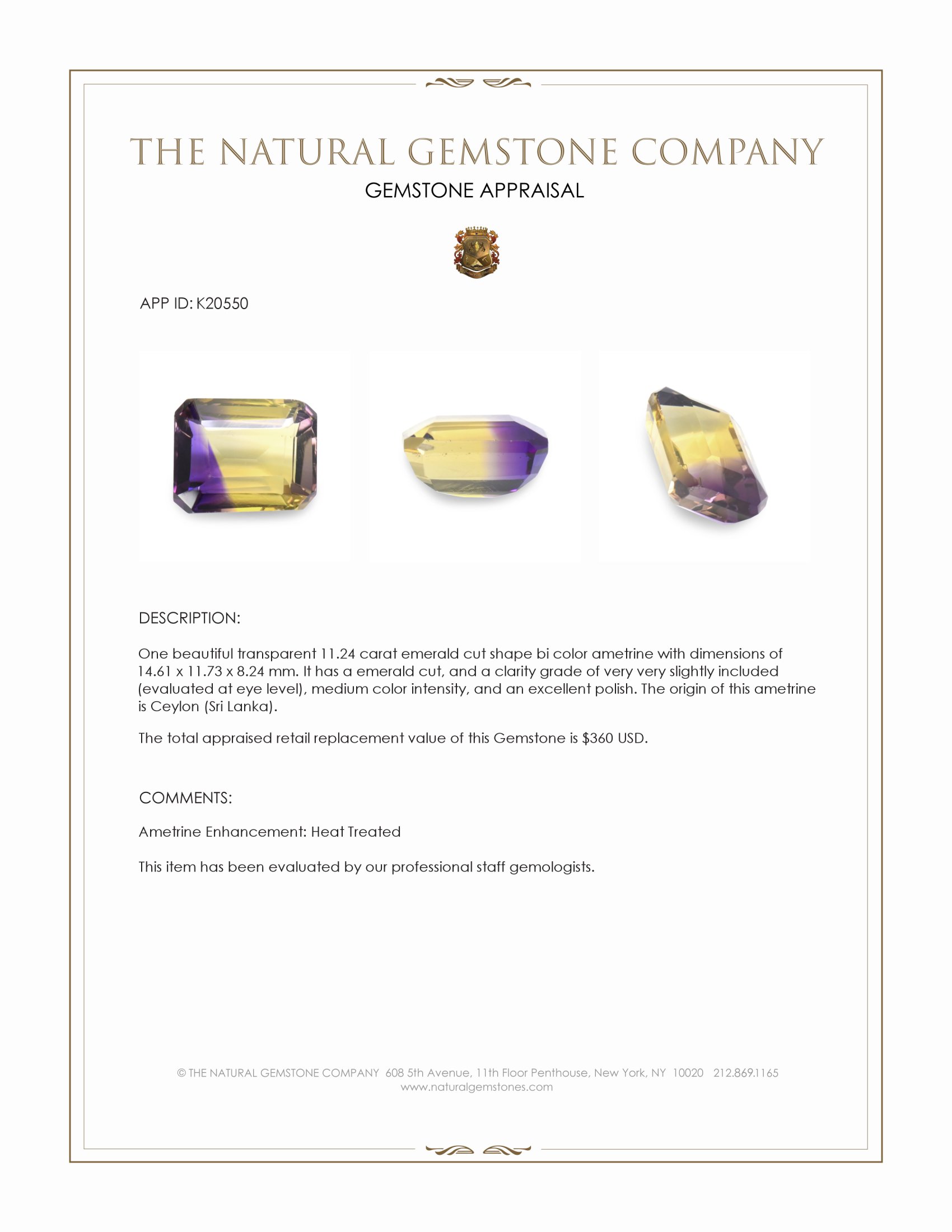 11.24 Ct. Ametrine from Ceylon (Sri Lanka)
