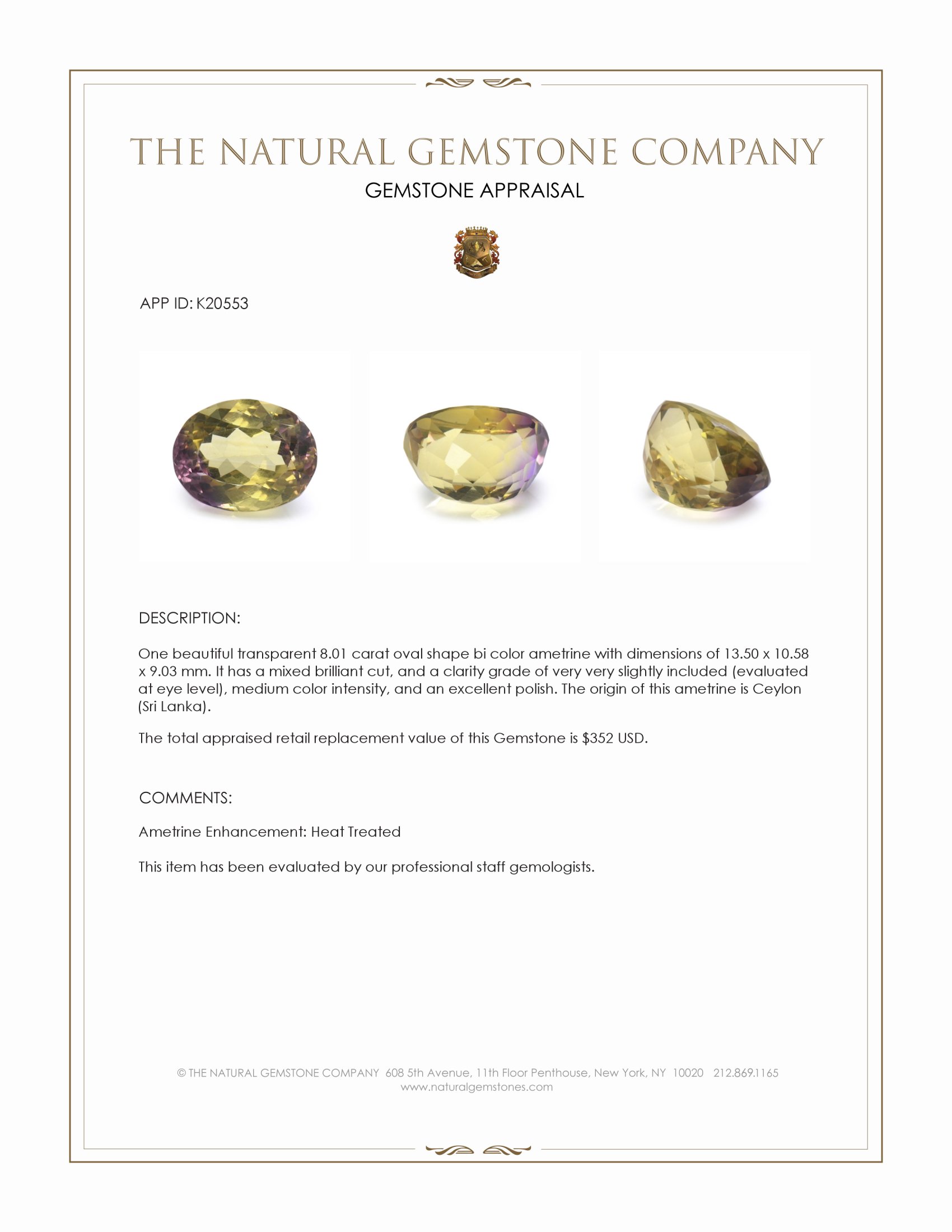 8.01 Ct. Bi Color Ametrine from Ceylon (Sri Lanka)