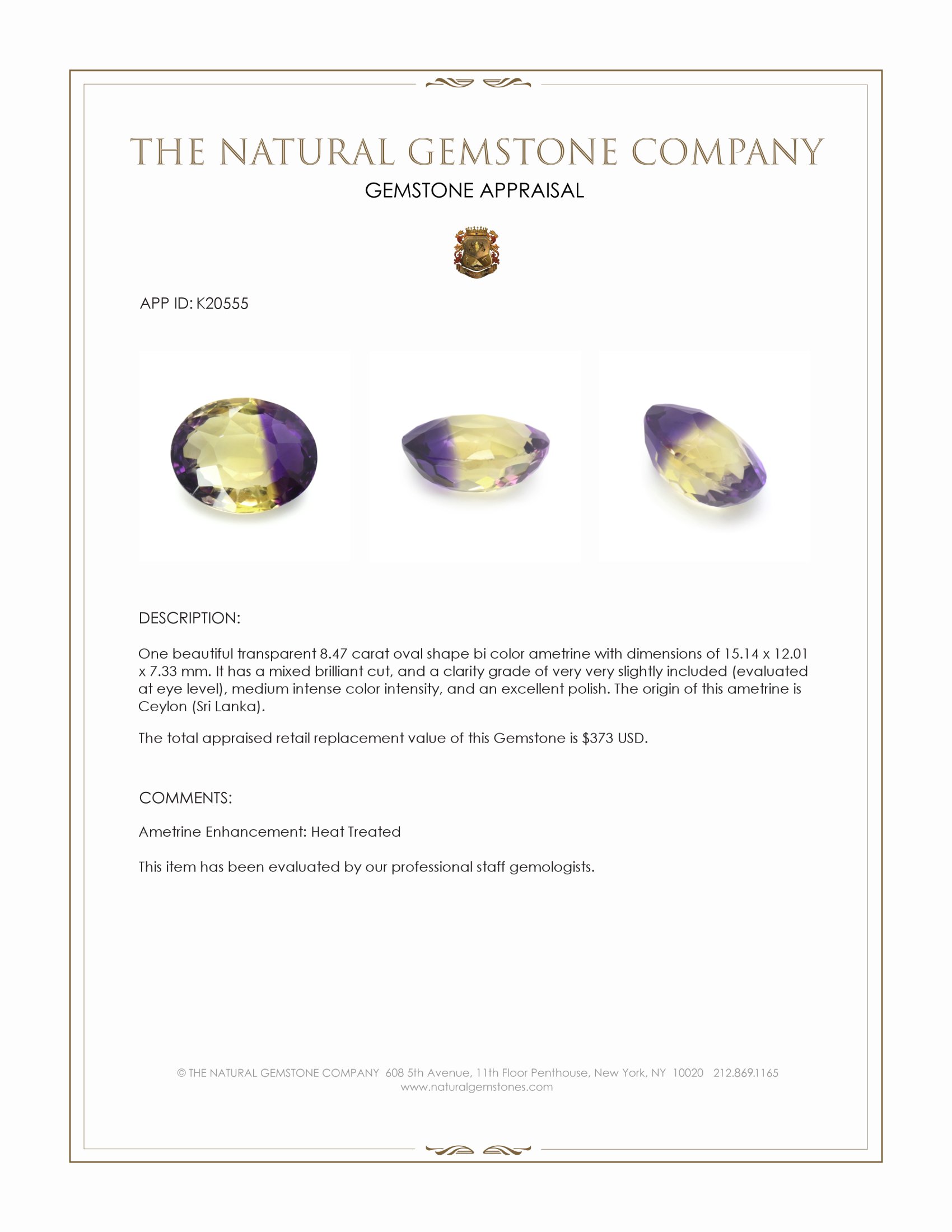 8.47 Ct. Ametrine from Ceylon (Sri Lanka)