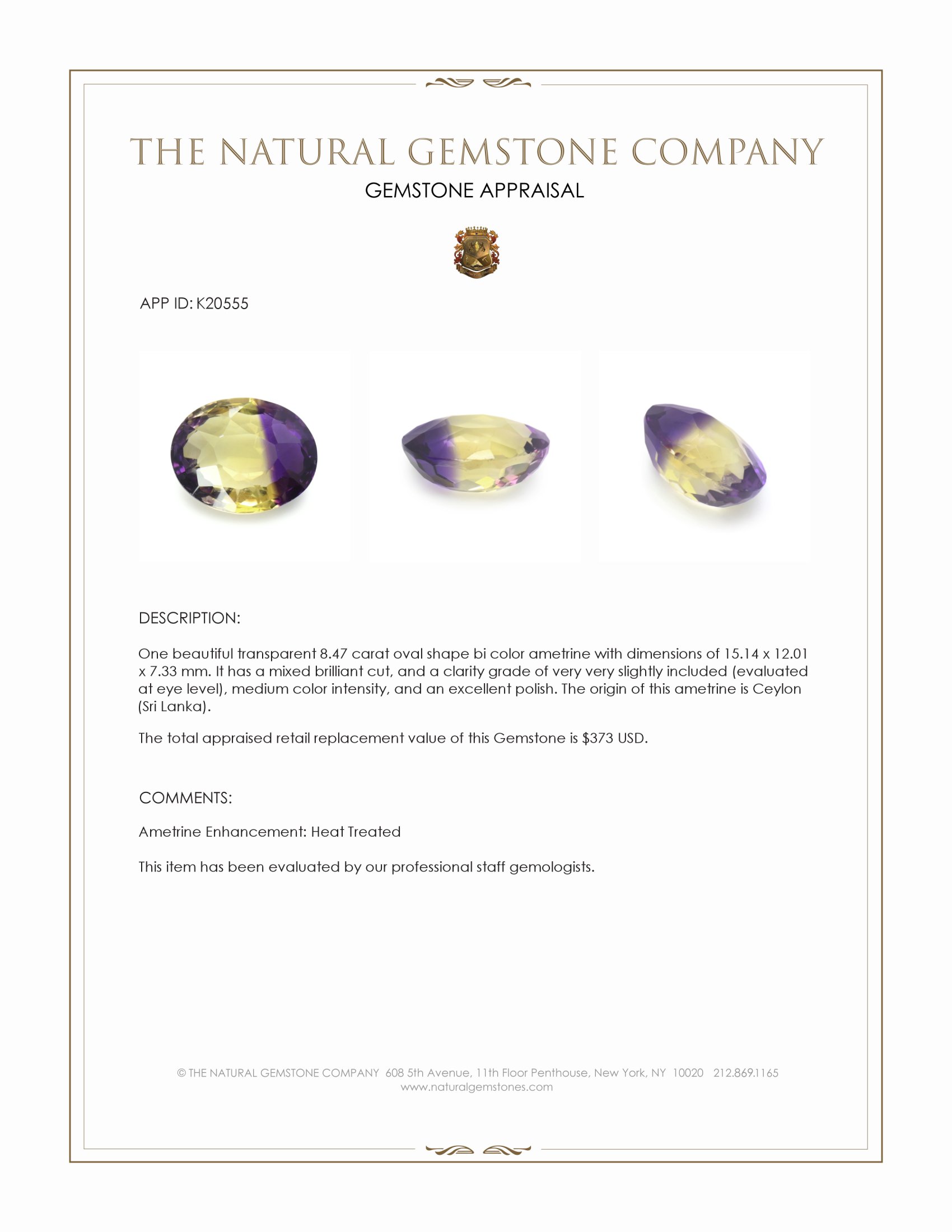 8.47 Ct. Ametrine from Ceylon (Sri Lanka)