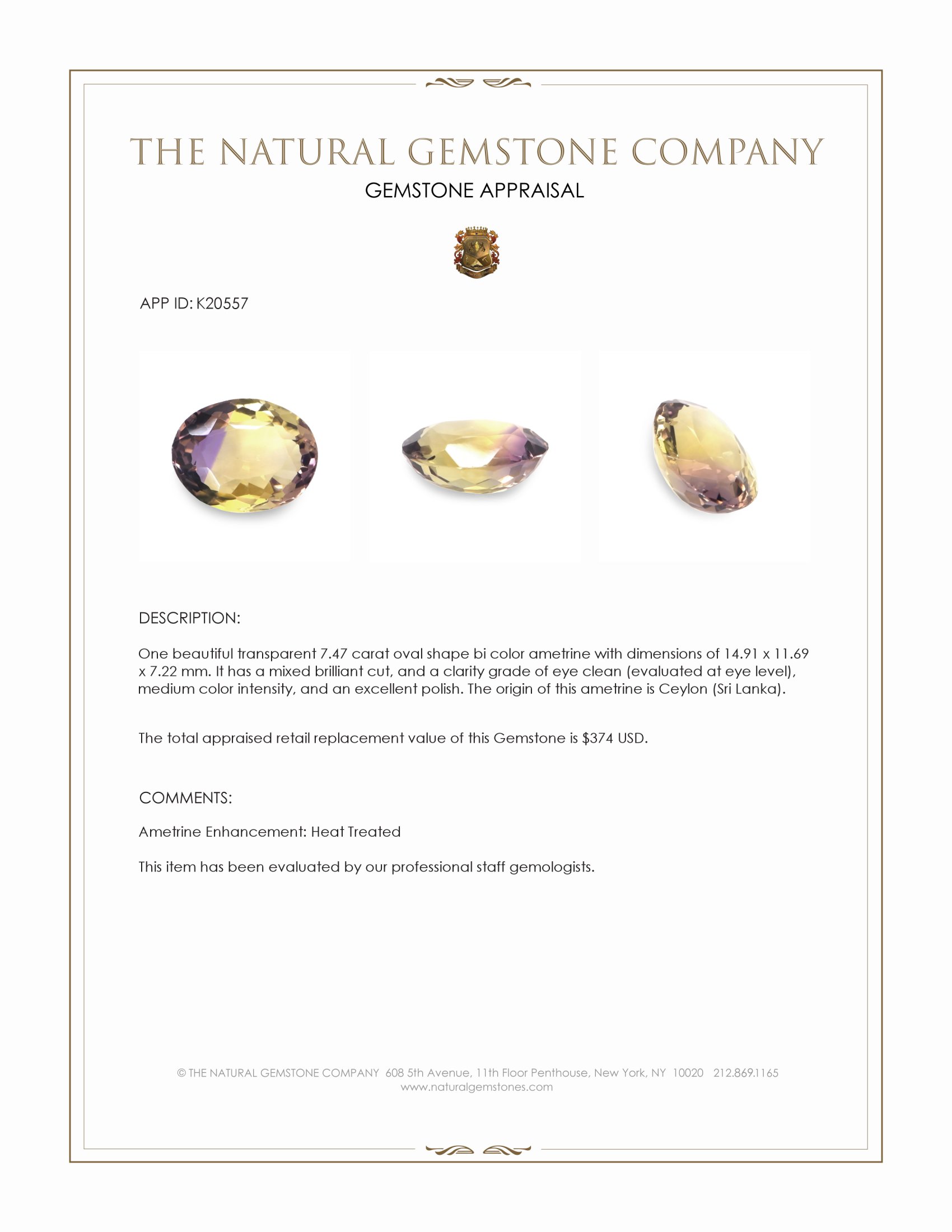 7.47 Ct. Ametrine from Ceylon (Sri Lanka)