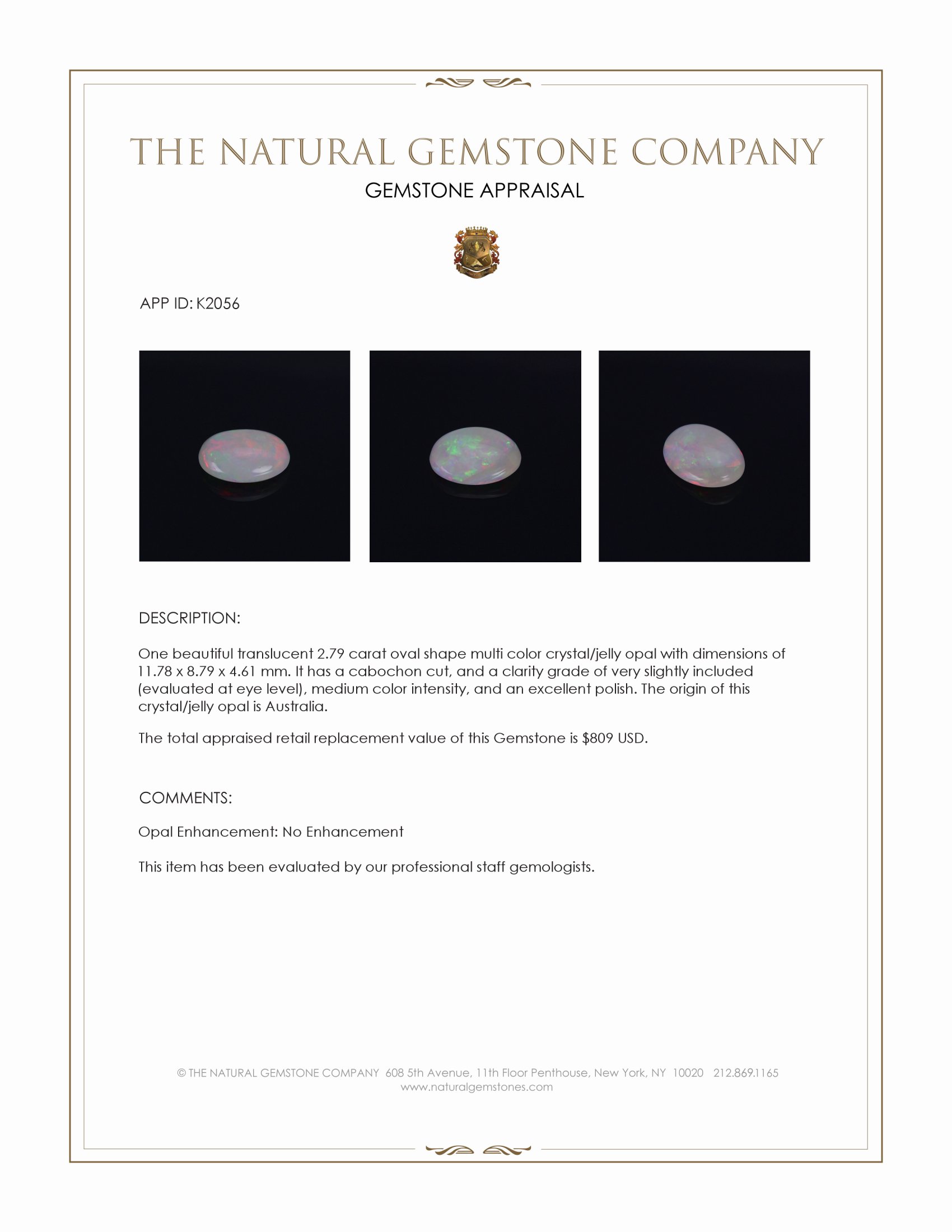 2.79 Ct. Multi Color Cabochon Crystal/Jelly Opal from Australia