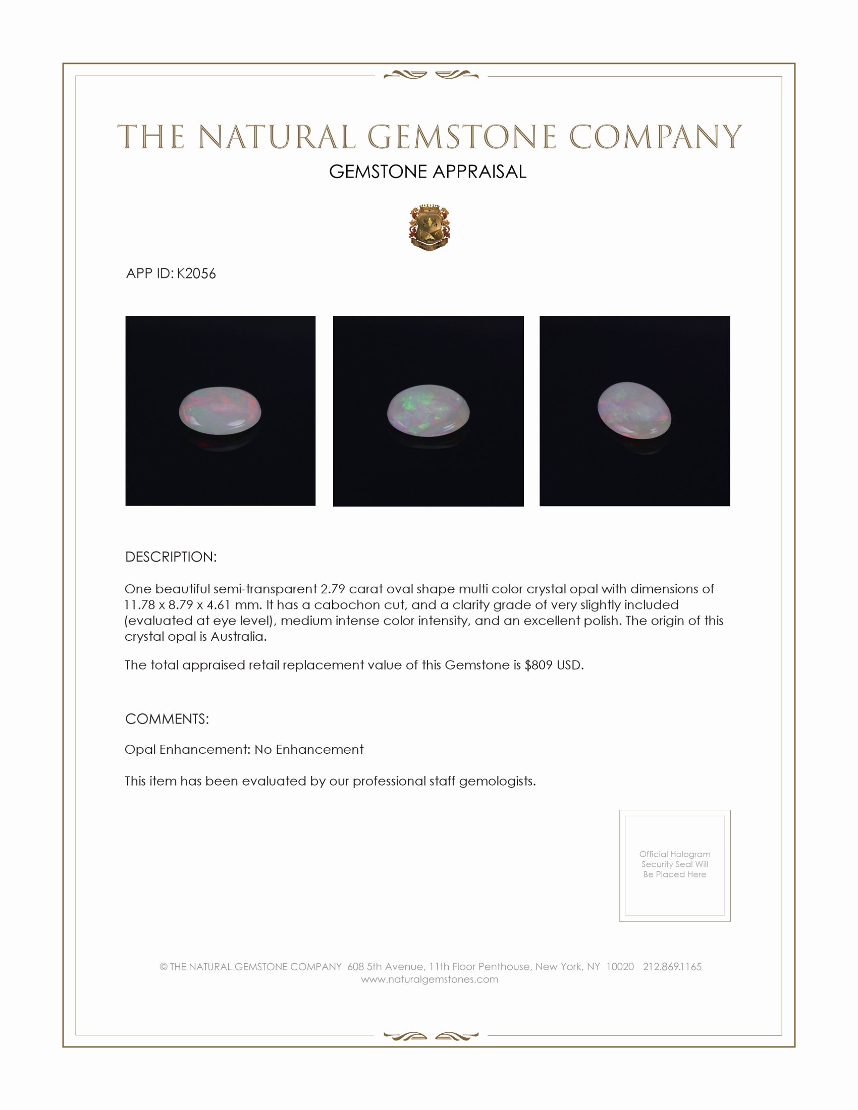 2.79 Ct. Cabochon Crystal/Jelly Opal from Australia