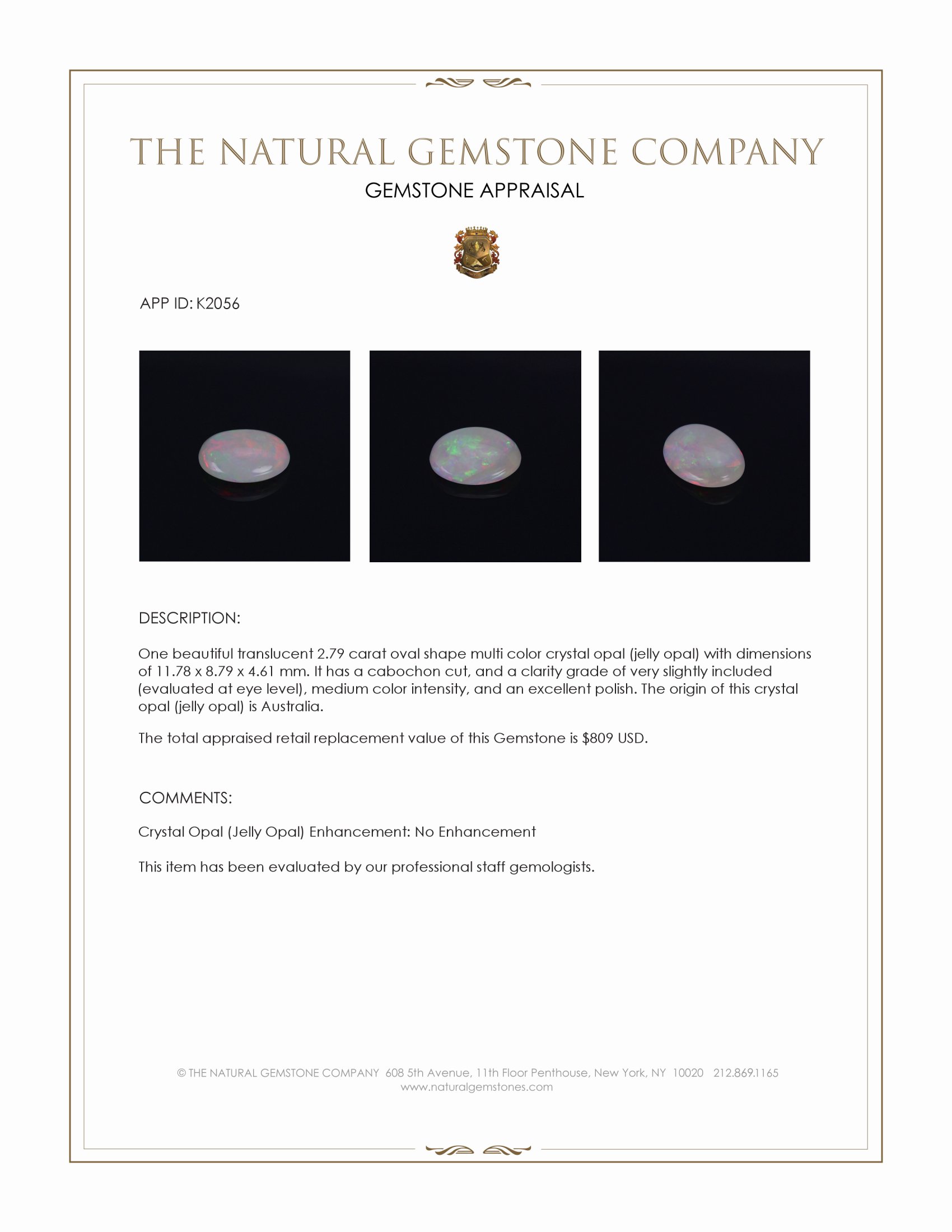 2.79 Ct. Multi Color Cabochon Crystal Opal (Jelly Opal) from Australia