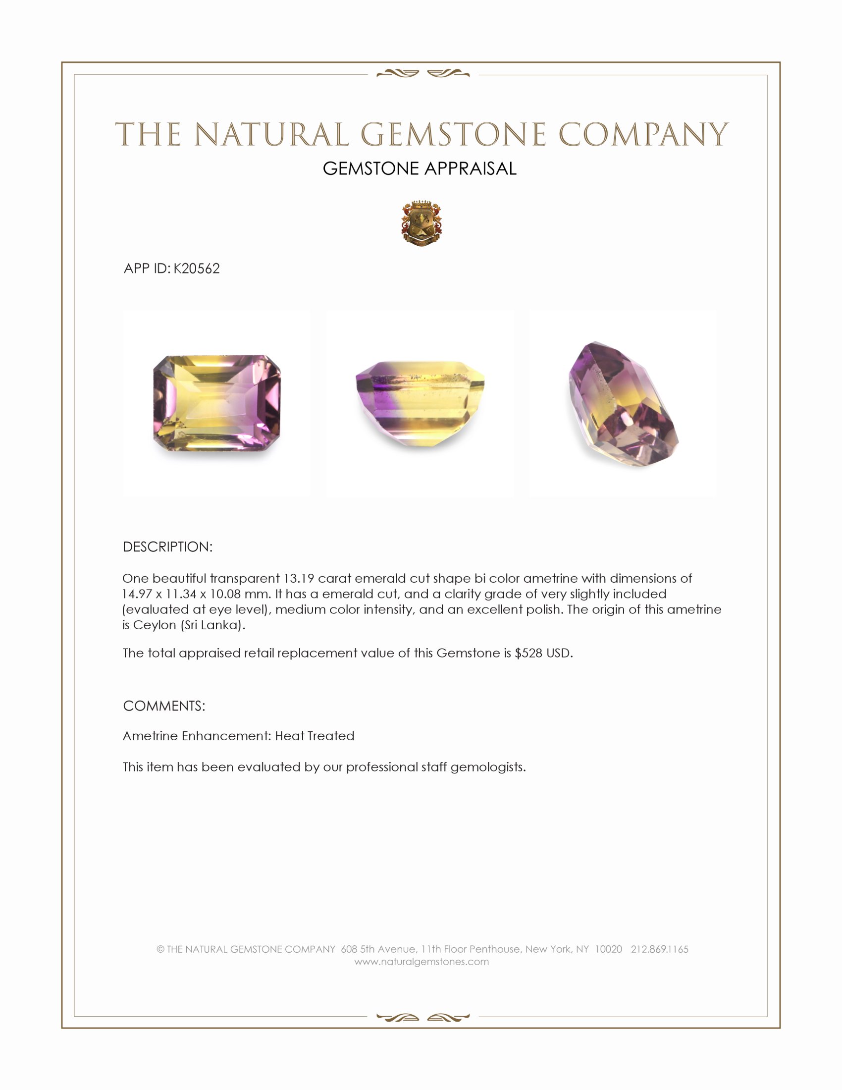 13.19 Ct. Ametrine from Ceylon (Sri Lanka)
