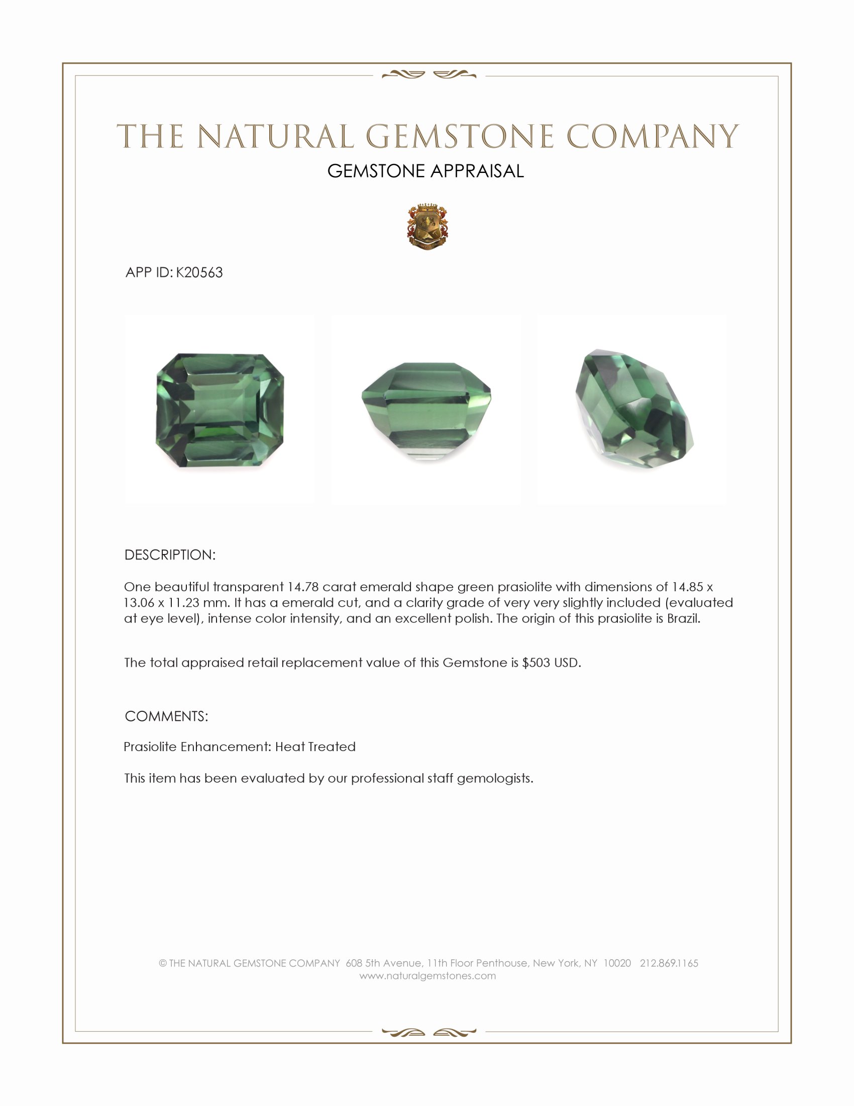 14.78 Ct. Green Prasiolite from Brazil