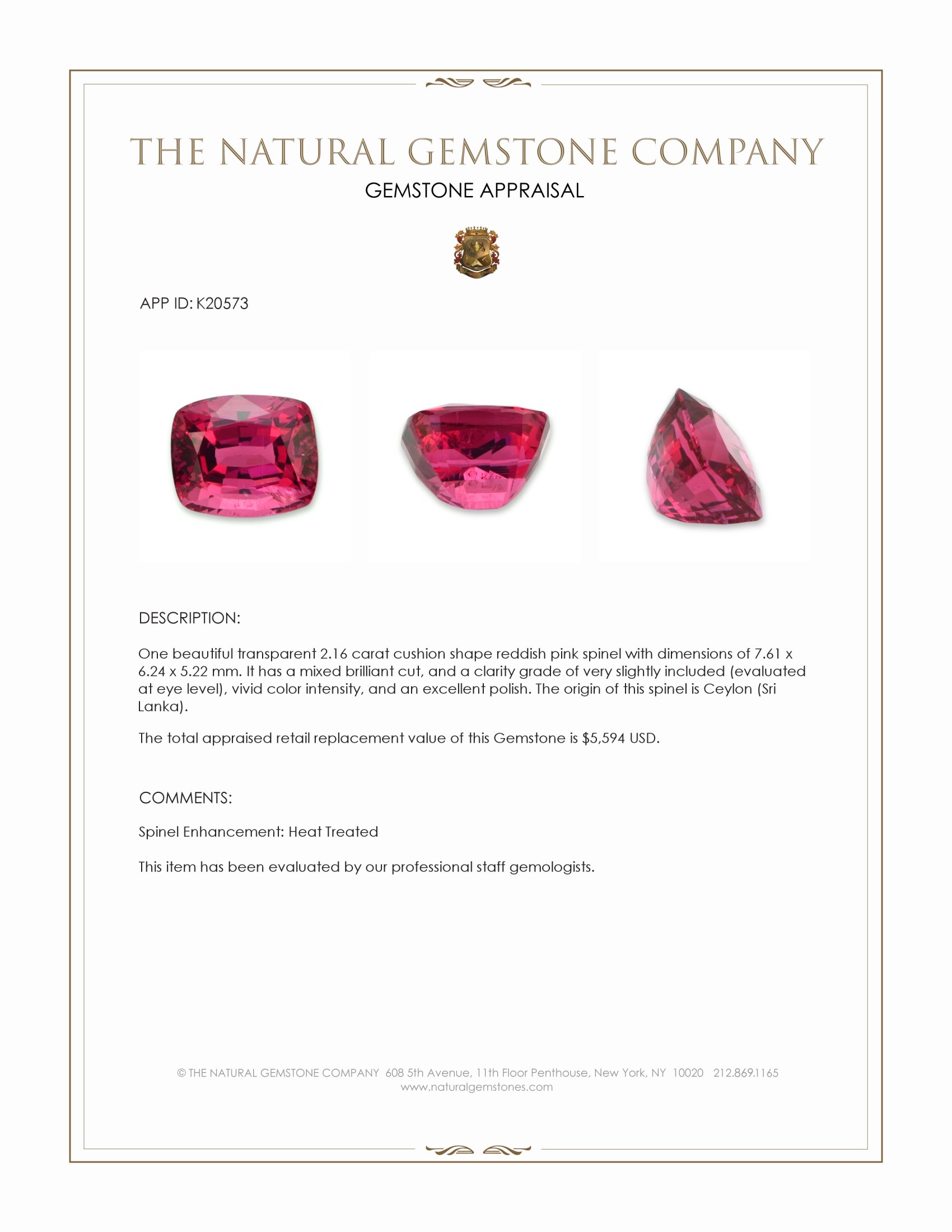 2.16 Ct. Spinel from Ceylon (Sri Lanka)