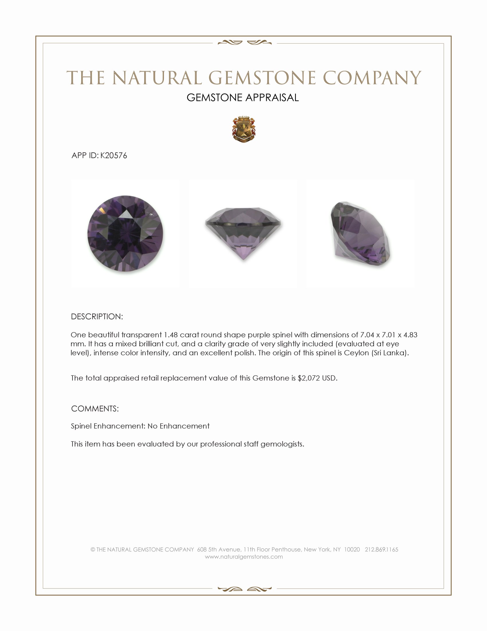 1.48 Ct. Purple Spinel from Ceylon (Sri Lanka)