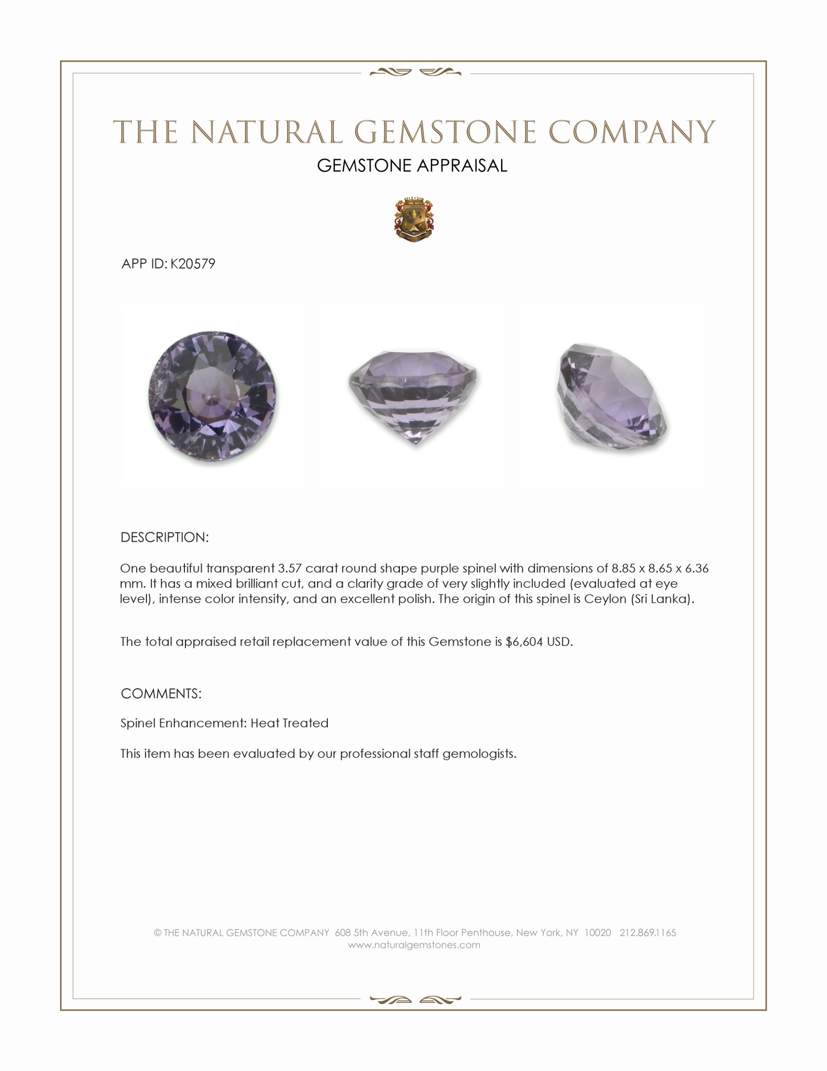 3.57 Ct. Purple Spinel from Ceylon (Sri Lanka)