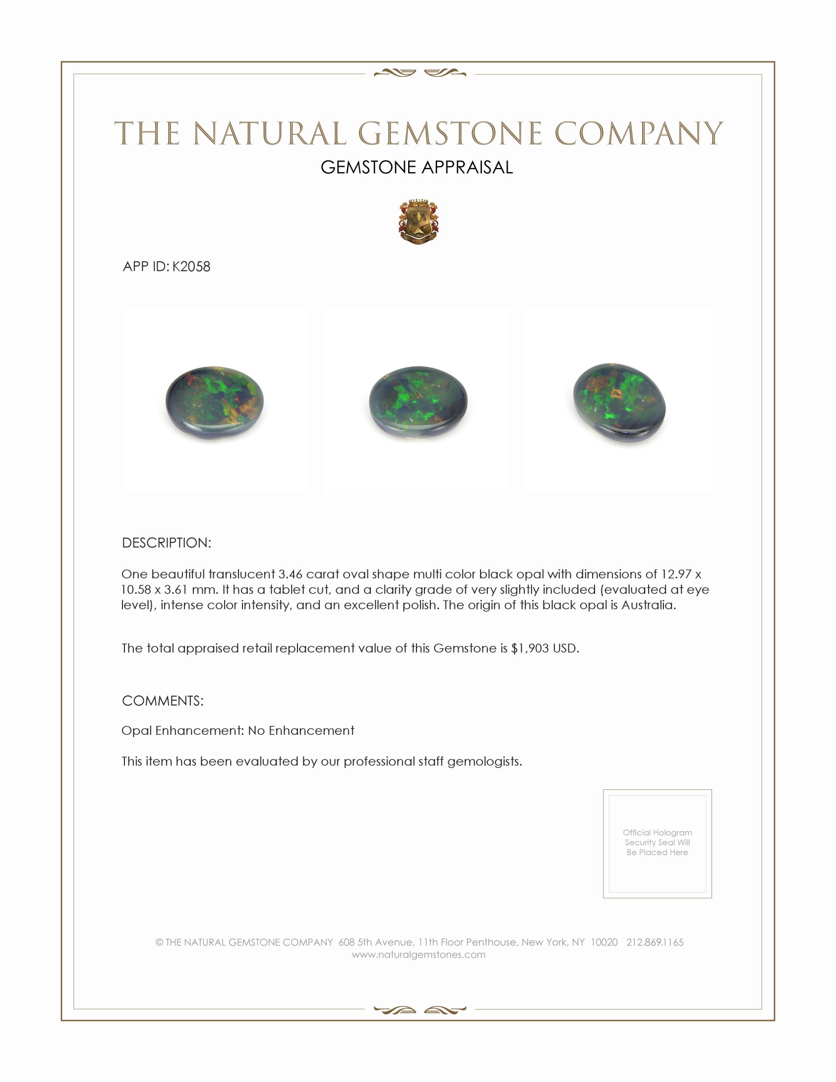 3.46 Ct. Multi Color Black Opal (Dark Opal) from Australia
