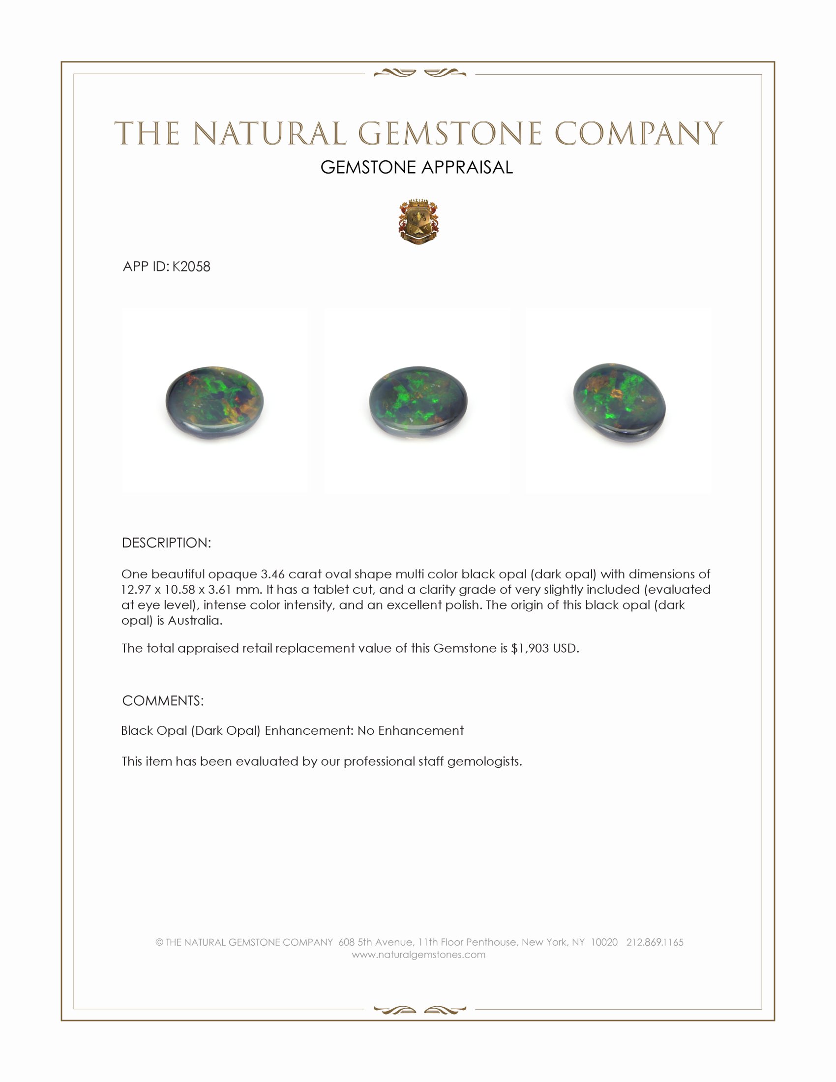 3.46 Ct. Multi Color Black Opal (Dark Opal) from Australia